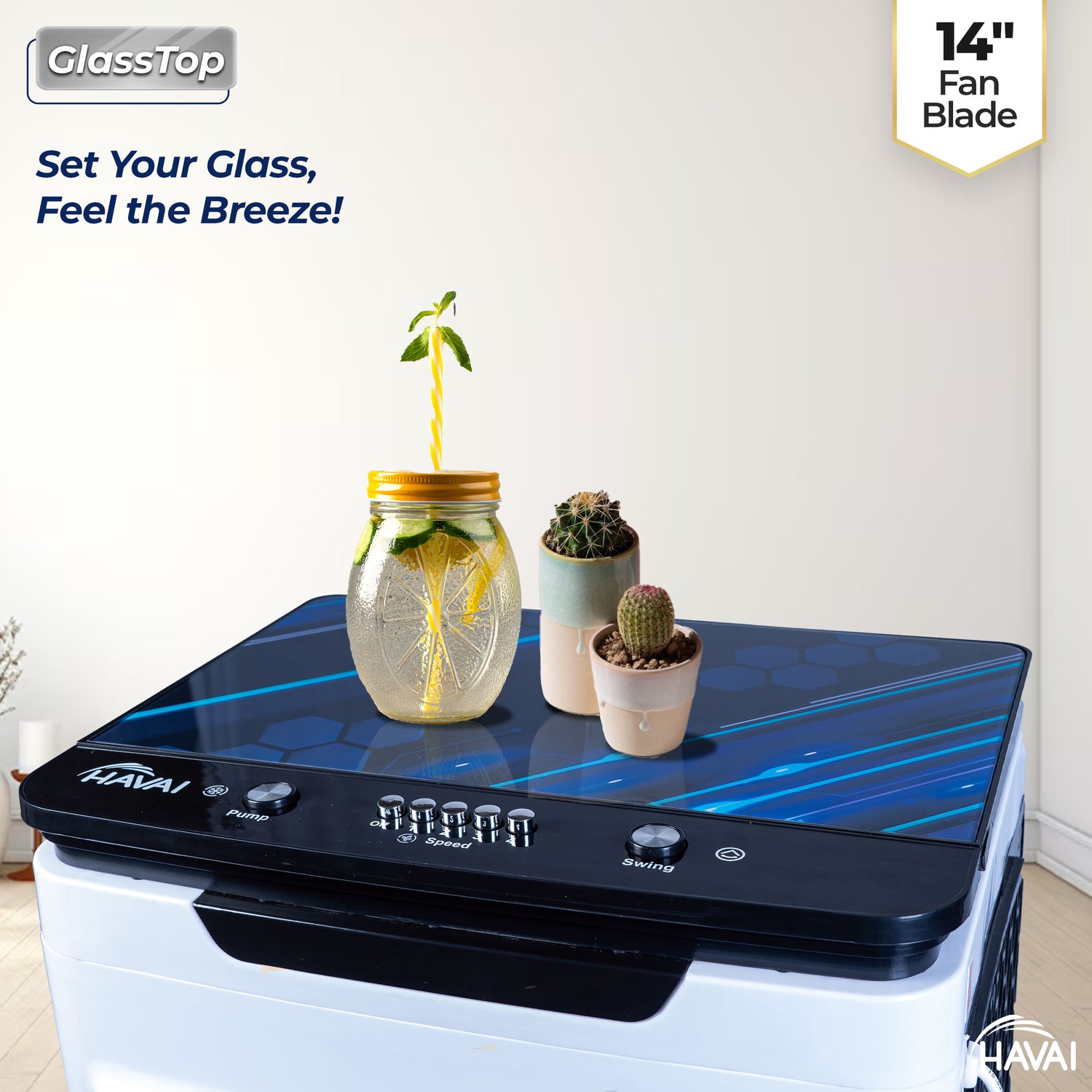 HAVAI Premium Glass Top GT 14 Air Cooler | 60L Tank Capacity | 14" Fan Blade | 170W Power | 20ft Air Throw | 3-Side Honeycomb Cooling | Sleek Glass Top Design | 4 Castor Wheels