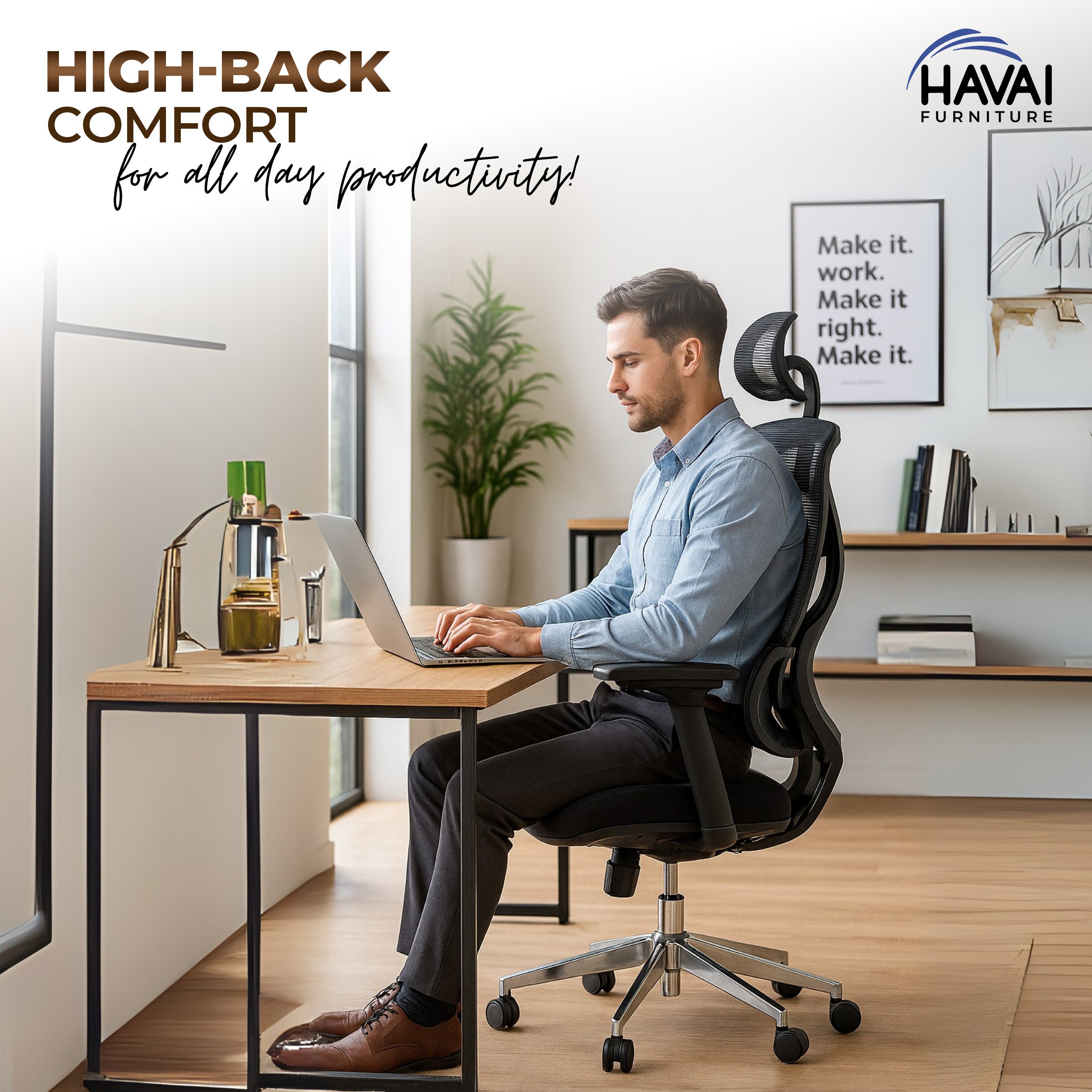 HAVAI Neo High Back Ergonomic Mesh Office Chair | Multi-Lock Mechanism | Chrome Base | 3D Armrests with PU Pads | Adjustable Headrest | Breathable Mesh Back (Black