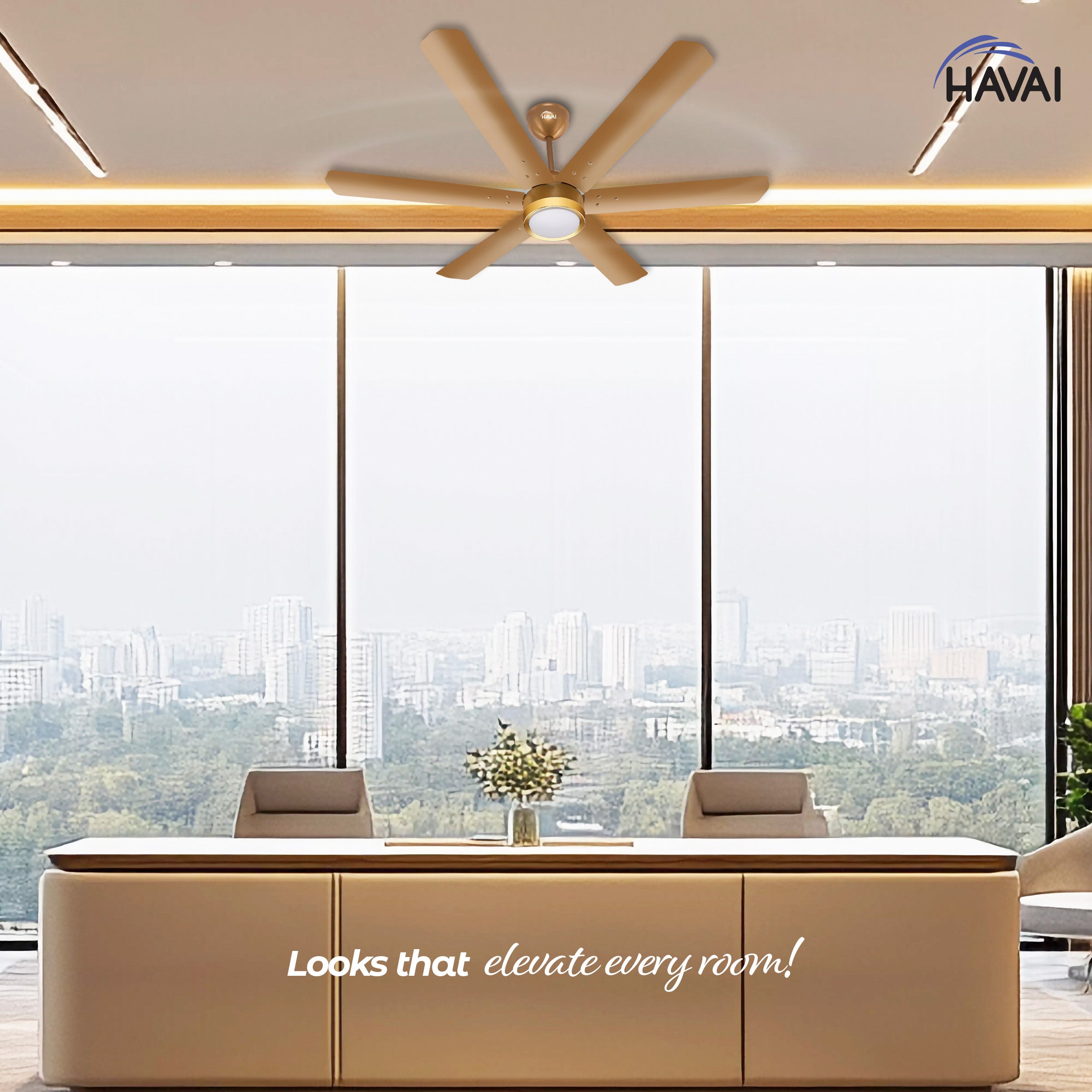 HAVAI Spinel BLDC Ceiling Fan with Decorative Ring | 1200mm, 6 Blades, 25W | Remote Control & 9W LED Light | 2 Years Warranty | Champagne Yellow