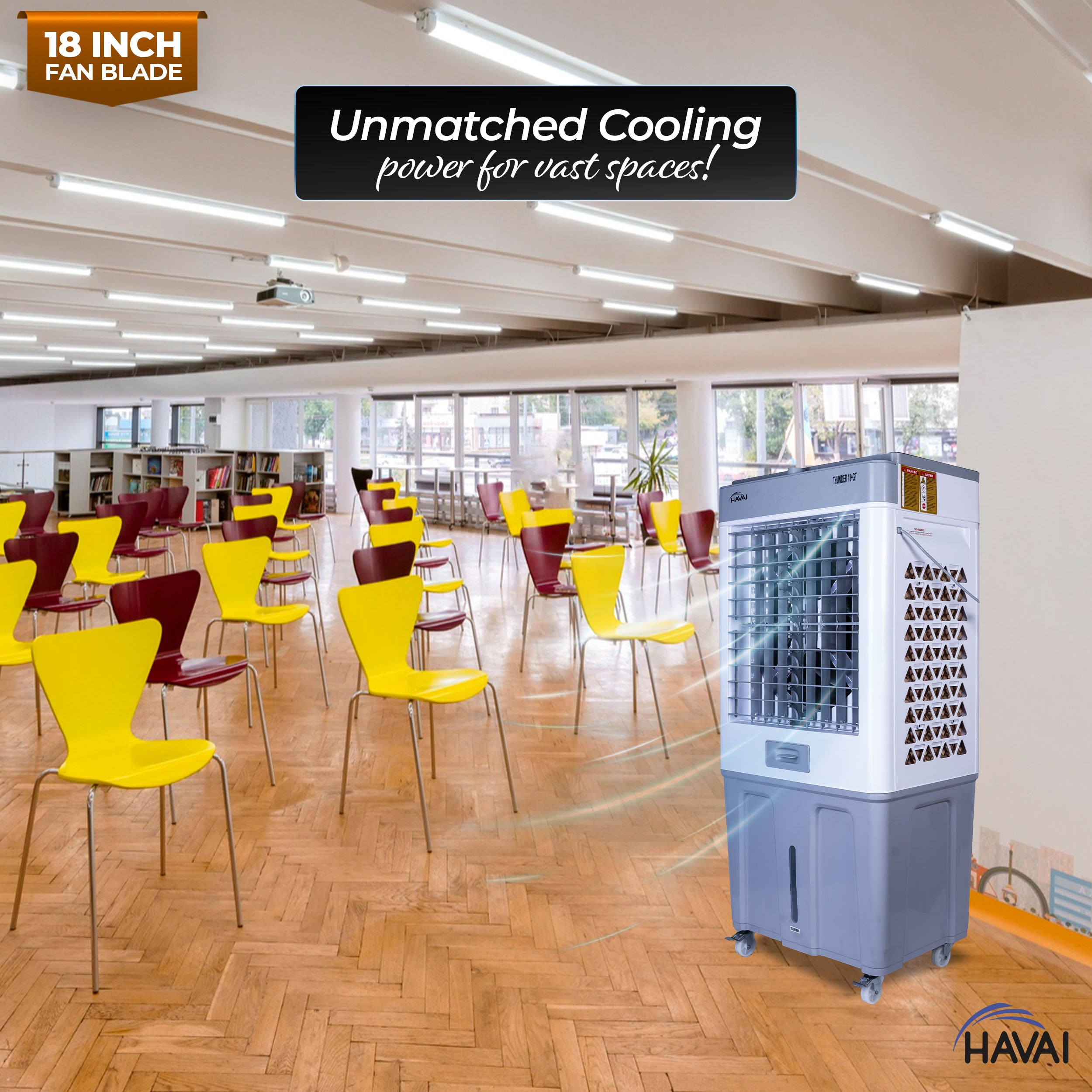 HAVAI Thunder 18+ GT Desert Cooler | 18” Aluminium Blade | 100L Tank | 3-Side Honeycomb Pads | 20 Ft Air Throw | Heavy-Duty 110mm Motor | Auto Swing | White & Grey