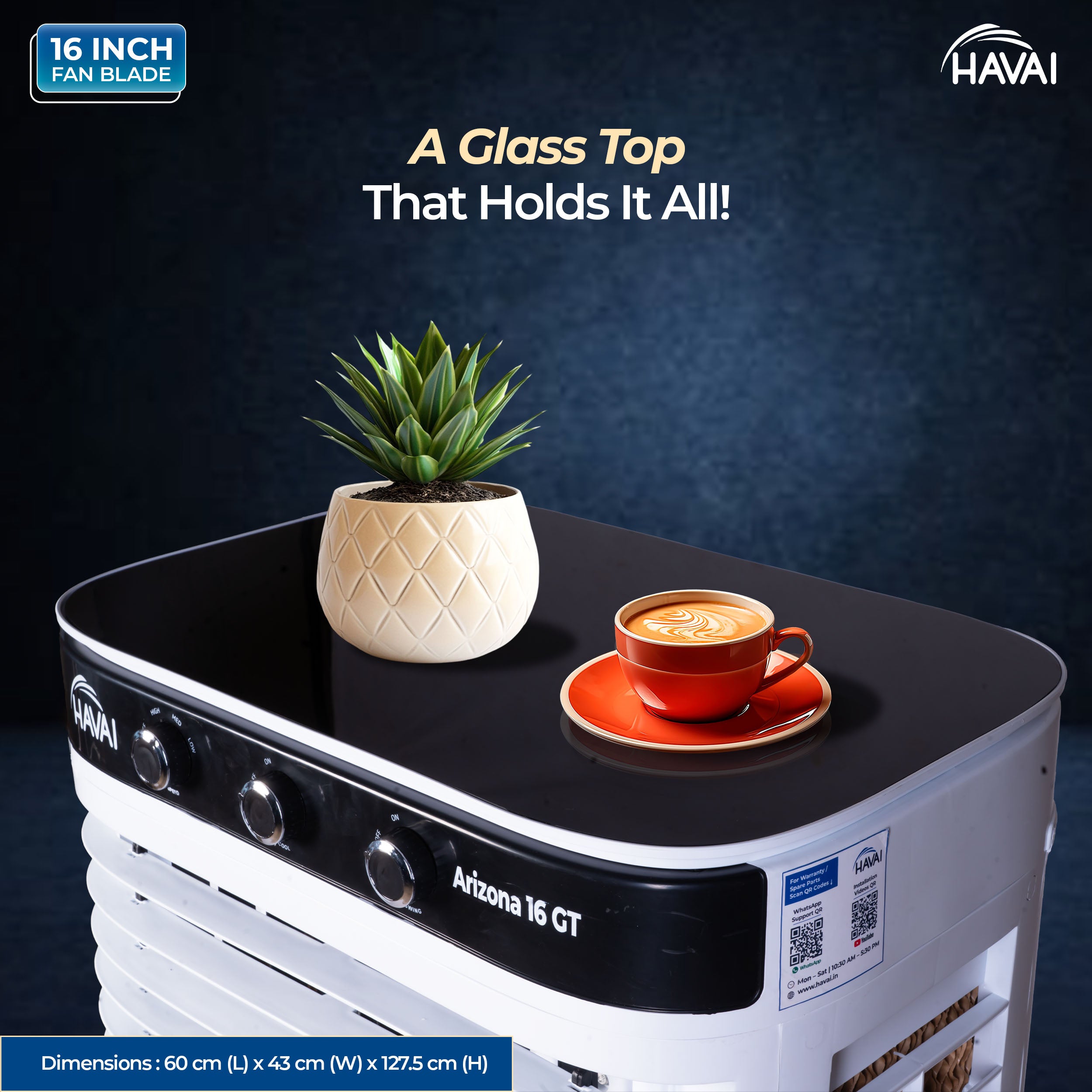 HAVAI Arizona 16 GT Desert Air Cooler | 80L Tank | 16” Aerodynamic Fan | 3-Side Thick Honeycomb | Glass Top with Ice Chamber | Smart Dust-Filter Inlet | 5 Castors | 3300 m³/hr | 1 Year On-Site Warranty