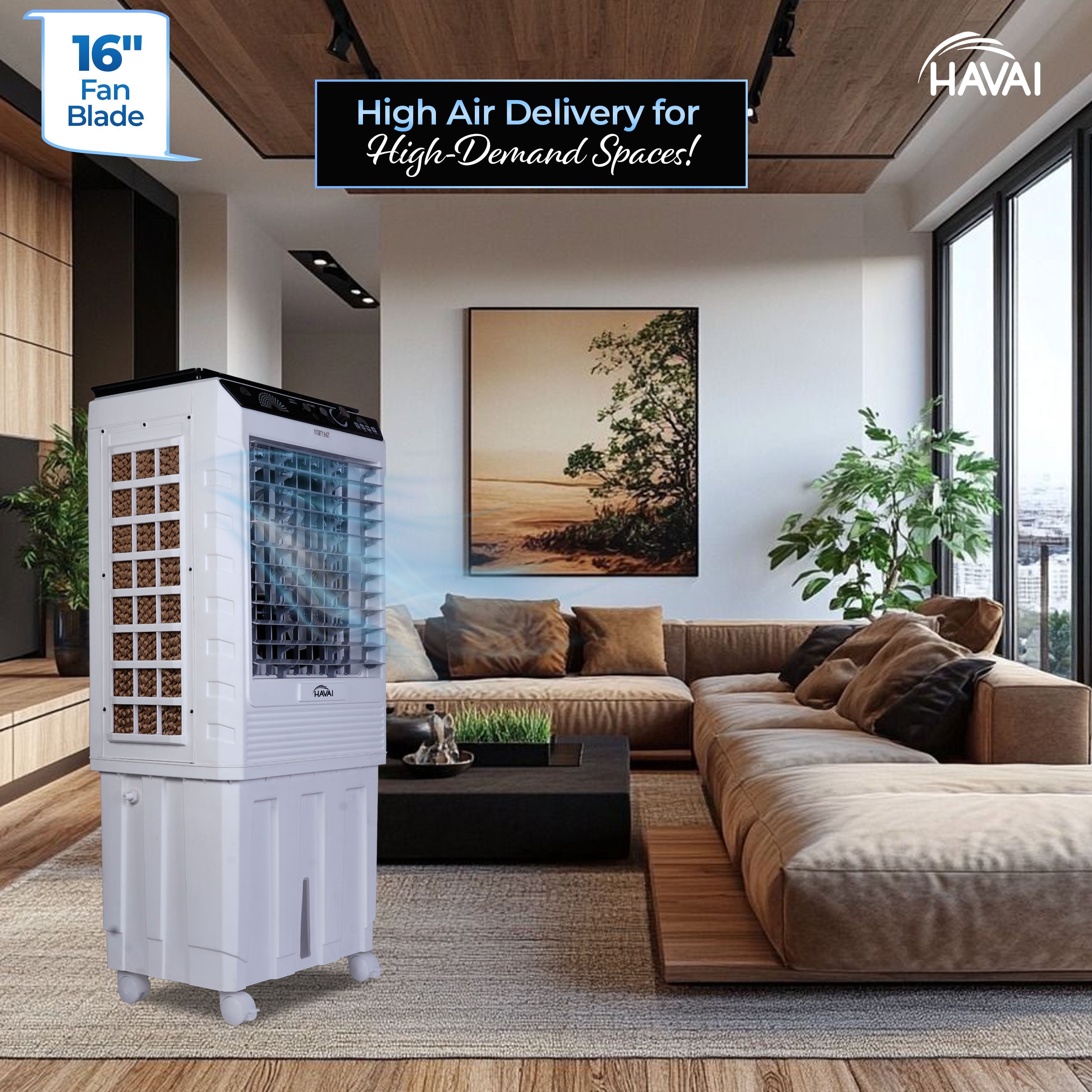 HAVAI Mighty 16 GT Glass Top Desert Air Cooler for Home & Commercial Use | 16 Inch Fan, 100L Tank, 5190 m³/hr Air Delivery | 350 Sq Ft Coverage | Honeycomb Pads, Aluminium Motor, Low Noise | White & Grey
