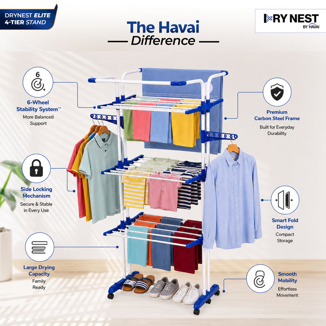 HAVAI Premium 4 Tier Stainless Steel Foldable Clothes Drying Stand with 6 Wheels | Heavy Duty Laundry Drying Rack for Indoor & Outdoor Use | Rust Resistant | Space Saving Design
