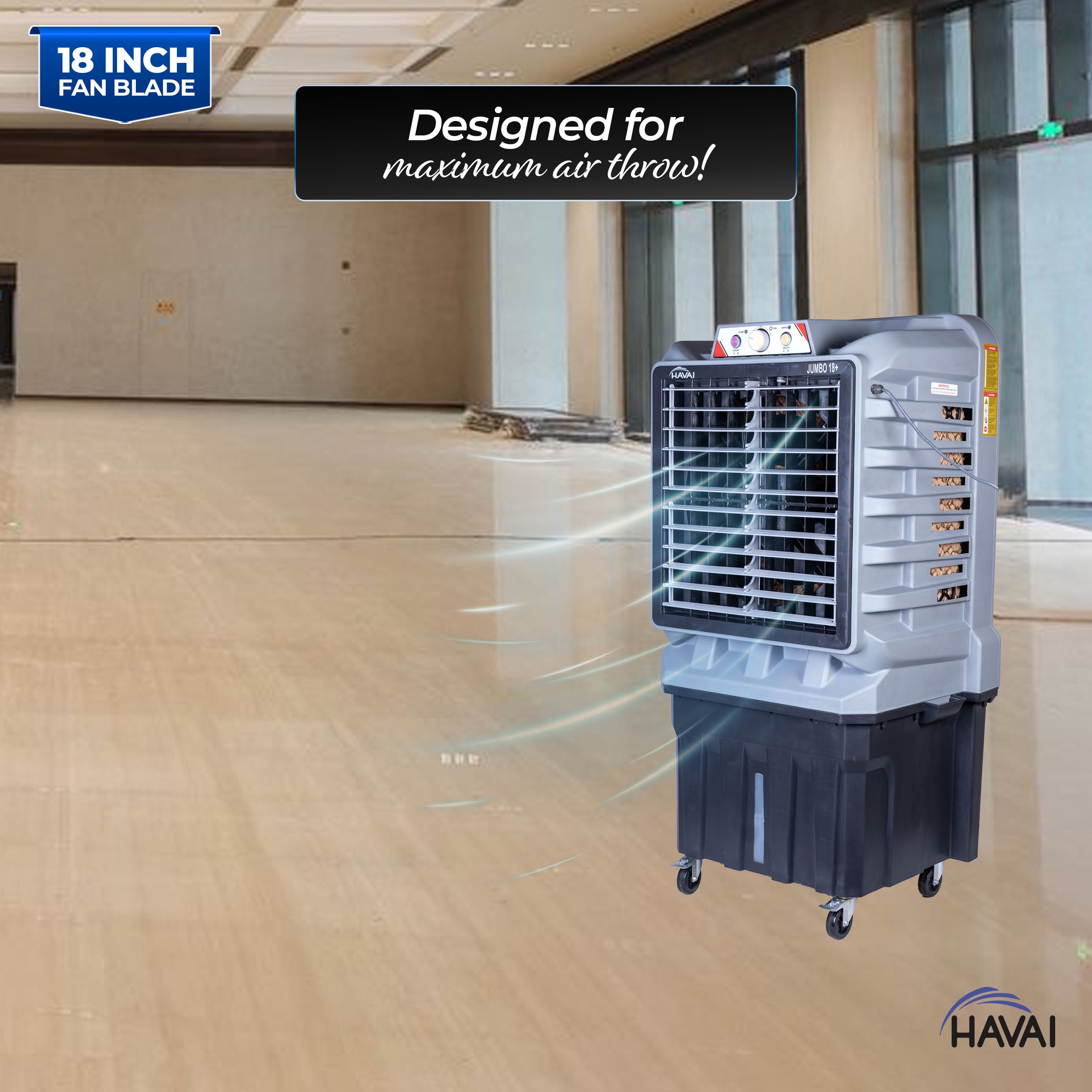 HAVAI Jumbo 18+ Massey Desert Cooler | 150L | 18-Inch Fan | Heavy-Duty 41mm Motor | 3-Side Honeycomb Pads | Auto Swing | Castor Wheels | 230V, 110W | White & Grey
