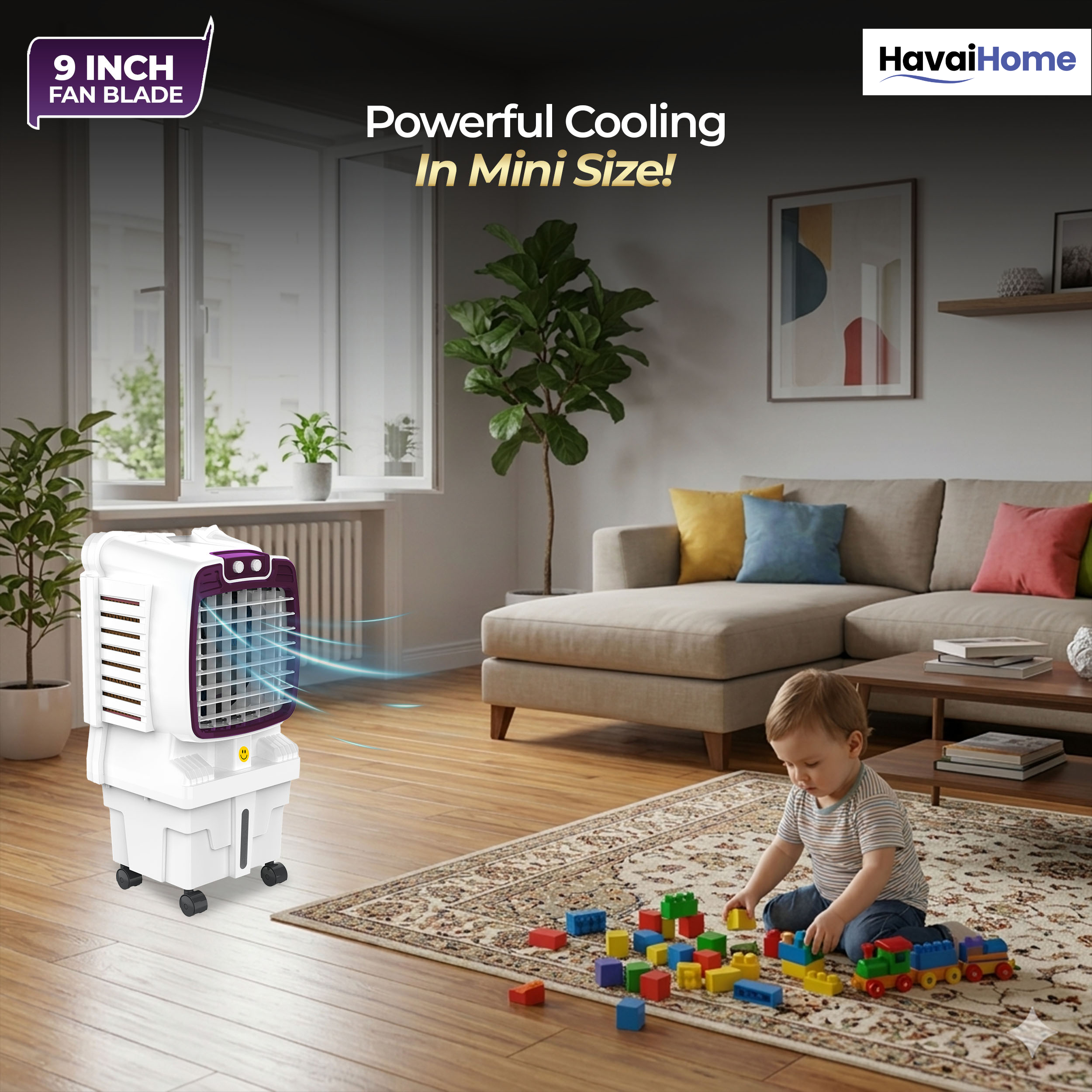 HAVAI Arizona 9 Mini Personal Air Cooler | India’s First 9-Inch Blade Cooler | 2600 RPM | 5 Ft Air Throw | 3-Side Honeycomb | 12L Tank | Motorised Louvers | 120W | Ideal for 50 Sq Ft