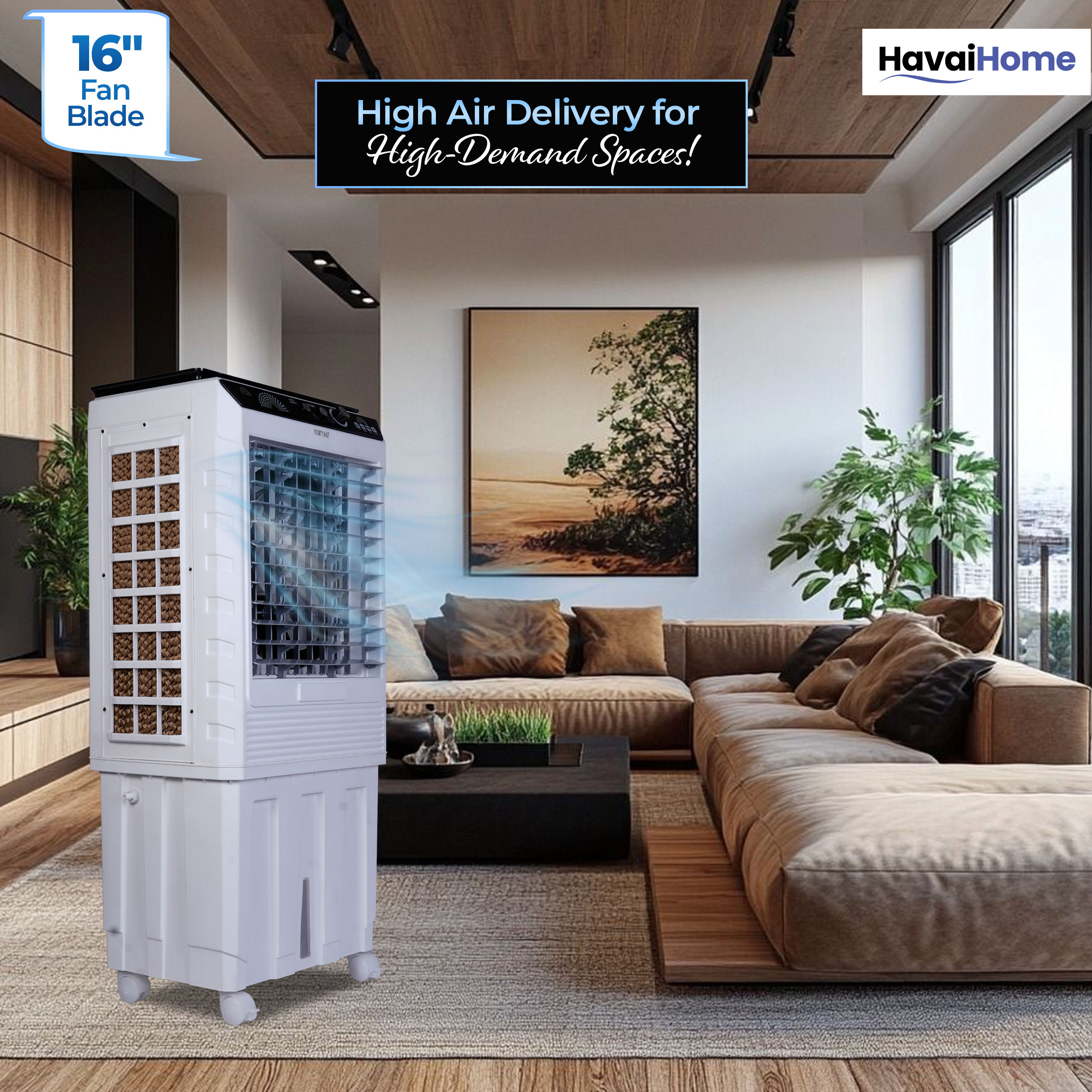 HAVAI Mighty 16 GT Glass Top Desert Air Cooler for Home & Commercial Use | 16 Inch Fan, 100L Tank, 5190 m³/hr Air Delivery | 350 Sq Ft Coverage | Honeycomb Pads, Aluminium Motor, Low Noise | White & Grey