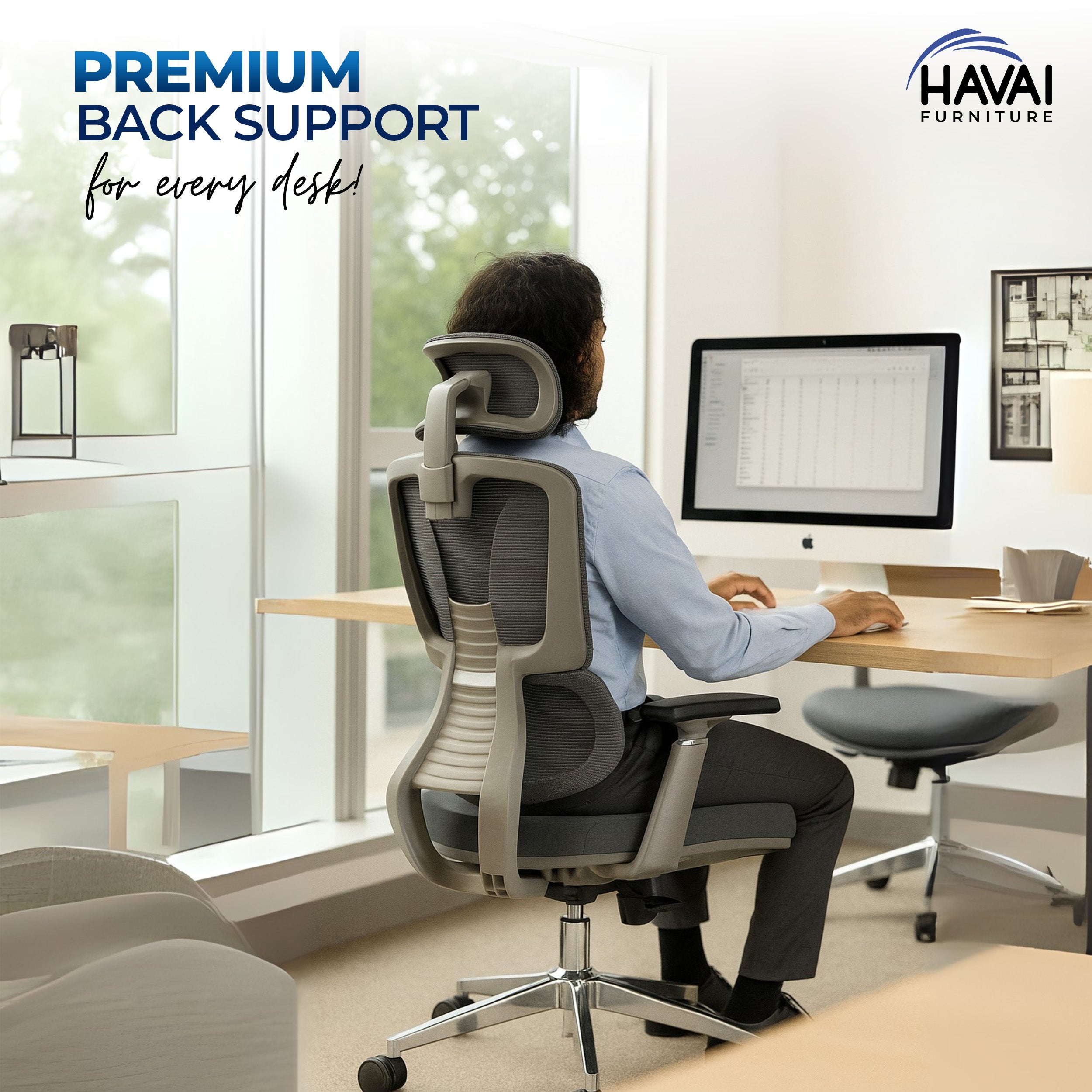 HAVAI Neo High Back Ergonomic Mesh Office Chair | Multi-Lock Mechanism | Chrome Base | 3D Armrests with PU Pads | Adjustable Headrest | Breathable Mesh Back (Grey)