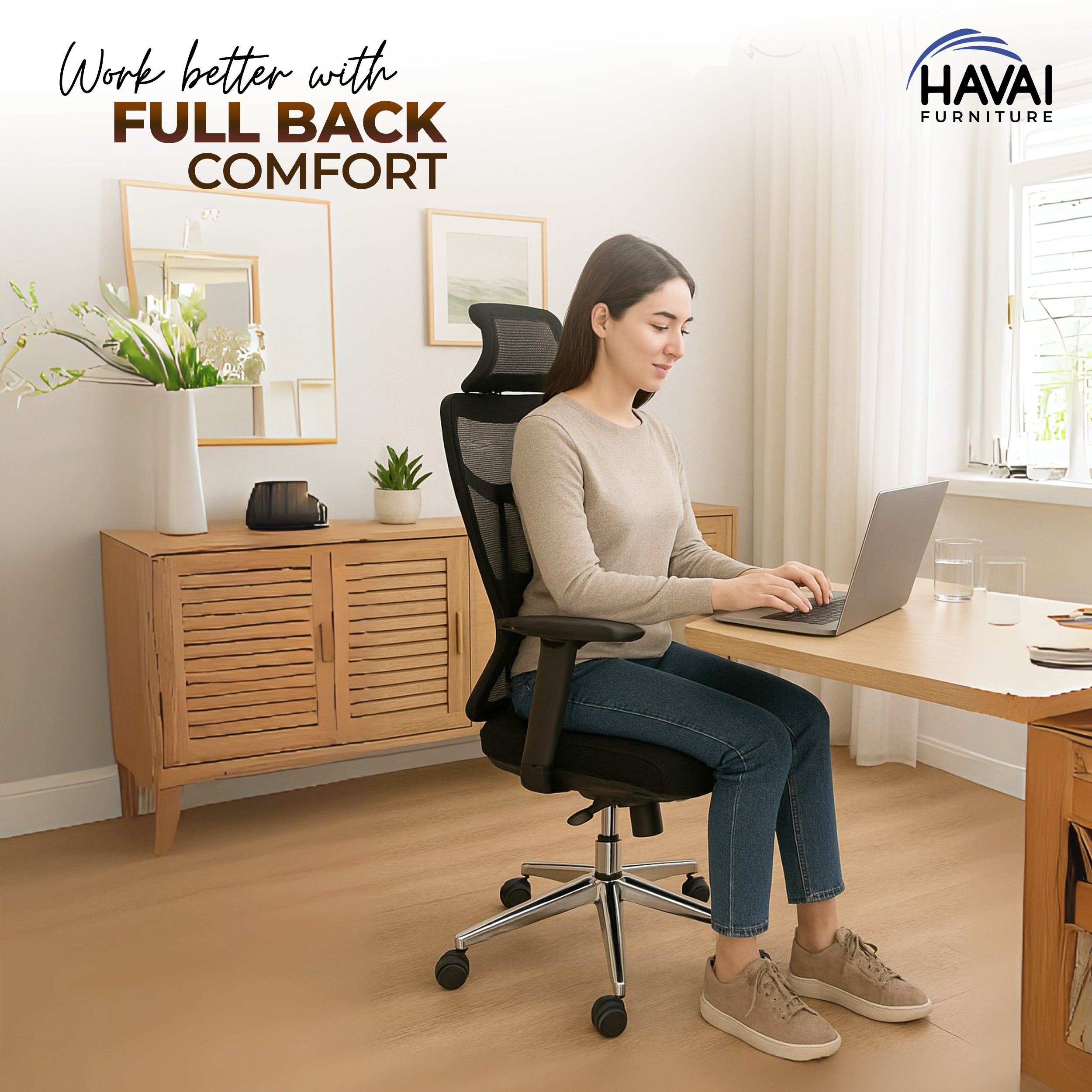 HAVAI Pulse High Back Ergonomic Mesh Office Chair | Multi-Lock Tilt Mechanism | Chrome Base| Breathable Mesh Back | Fixed Headrest (Black)