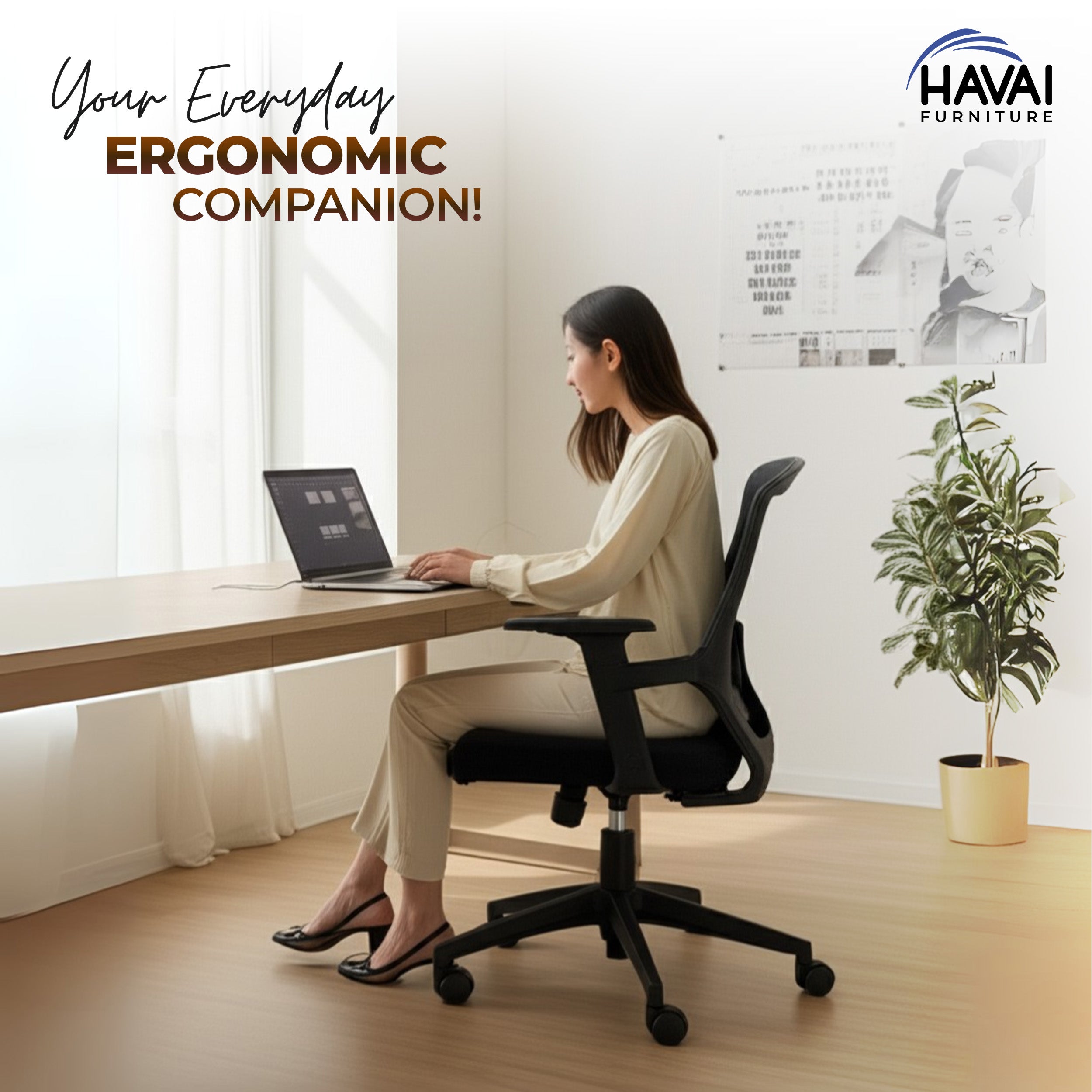 HAVAI Ergolite Mid Back Ergonomic Mesh Office Chair | One Lock Tilt Mechanism | Fixed Armrests | Nylon Base | Breathable Mesh Back (Black)