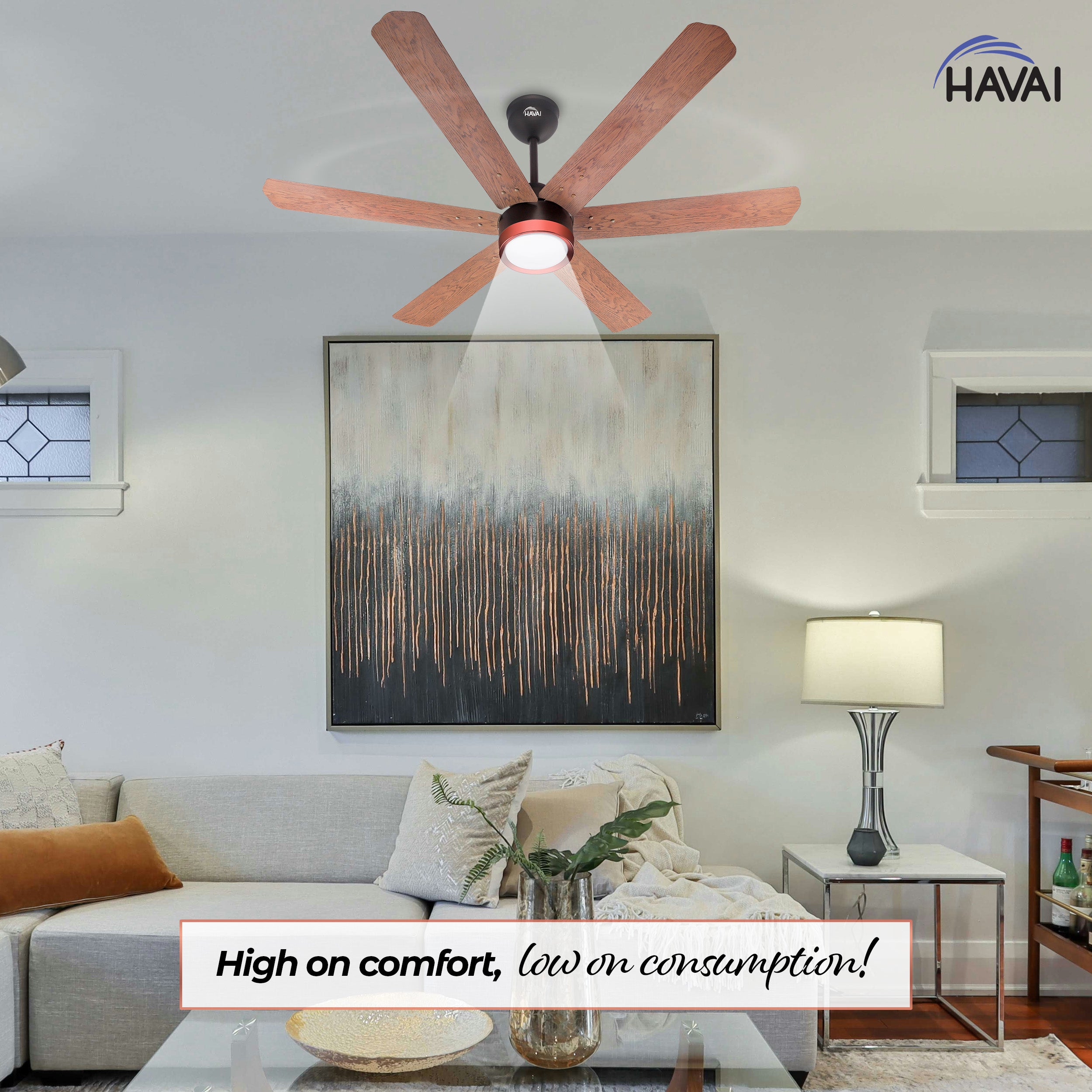 HAVAI Spinel BLDC Ceiling Fan with Decorative Ring | 1200mm, 6 Blades, 25W | Remote Control & 9W LED Light | 2 Years Warranty | Smoke Brown