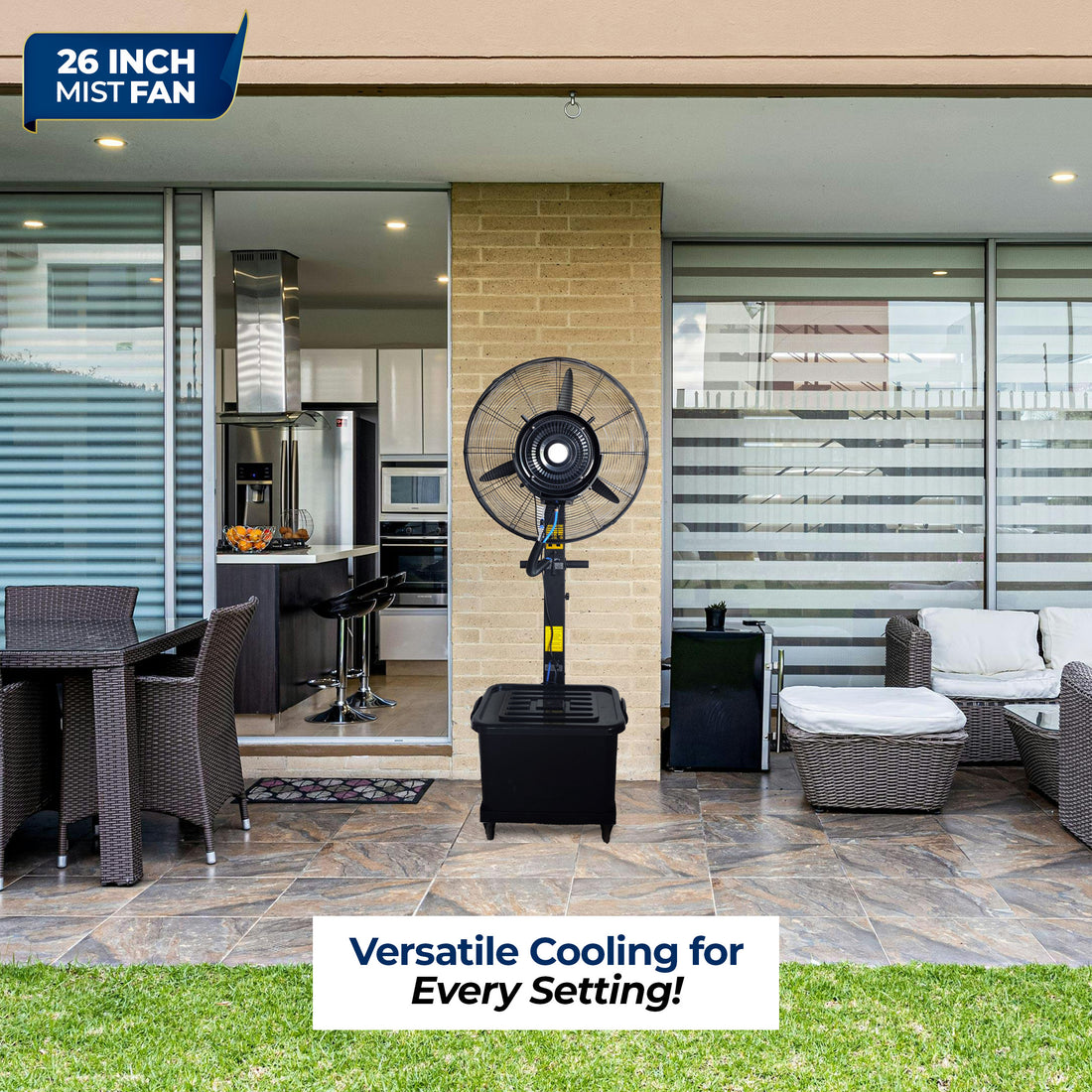 26″ Commercial Mist Fan, 260W Copper Motor | 10m Spray | Manual Mist Control | Aluminium Blade | Finger-Proof Grill | 41L Tank | Fixed 6ft Height | 48-Hour Installation & 1-Year Warranty