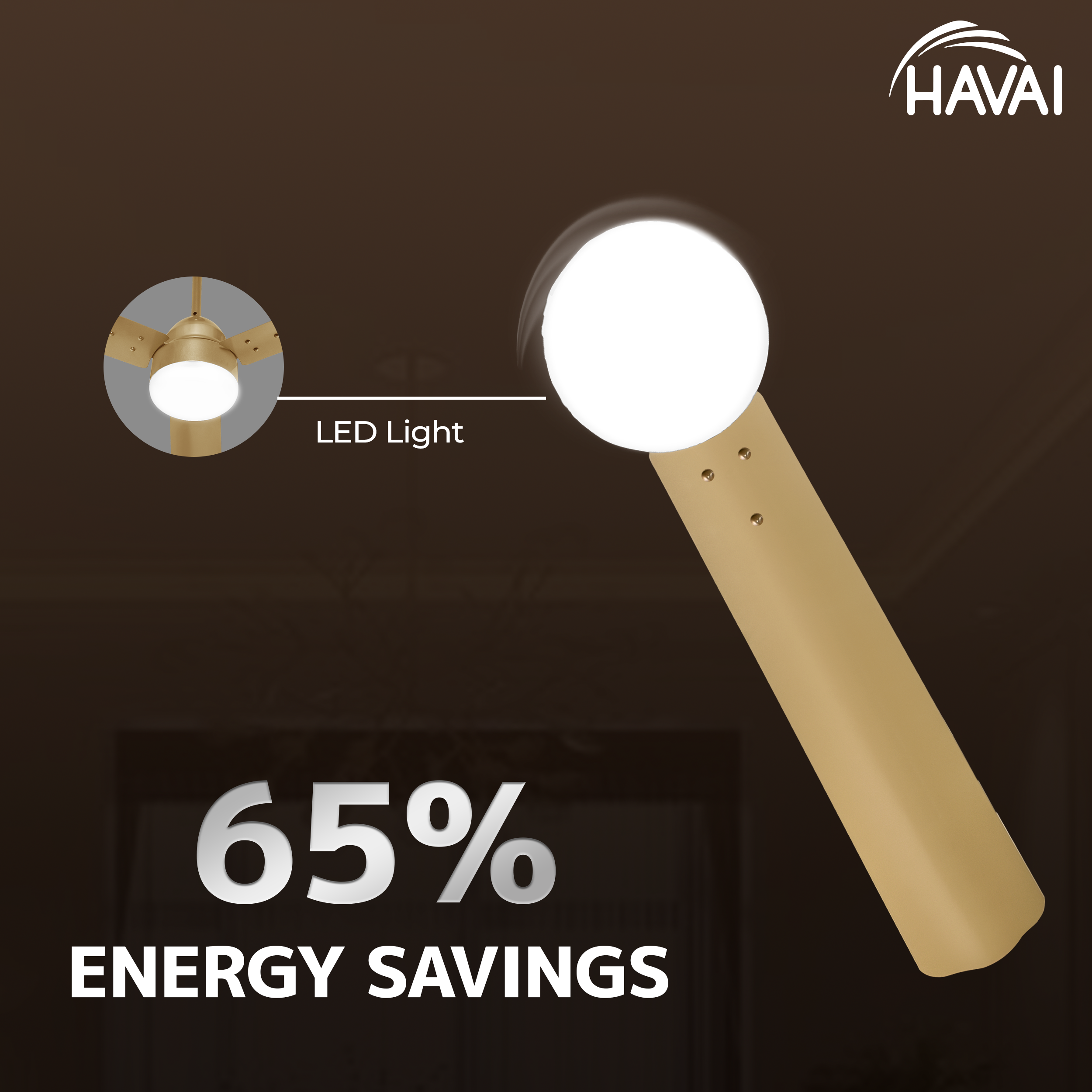 HAVAI Spinel BLDC Ceiling Fan 28W, 1200mm Blade with Remote - Champagne Yellow,9W LED Light