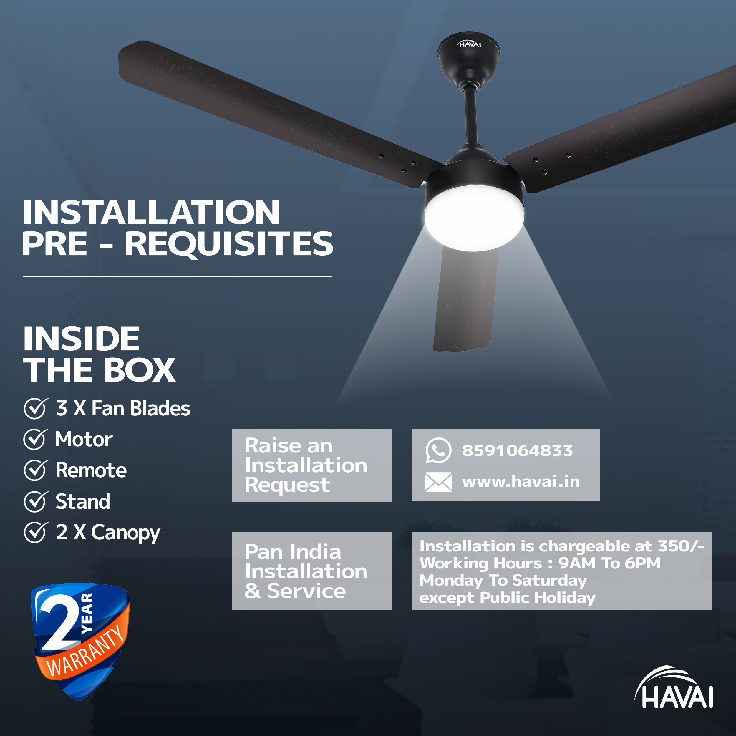 HAVAI Spinel BLDC Ceiling Fan 28W, 1200mm Blade with Remote - Smoky Brown,9W LED Light