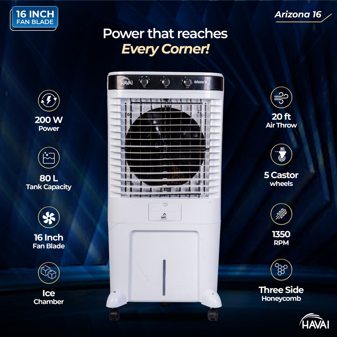 HAVAI Arizona 16 80L Desert Air Cooler with Ice Chamber | 16-Inch Aerodynamic Blade | 3-Side Thick Honeycomb Pads | 5 Castors for Extra Stability | 3300 m³/hr Air Delivery | 20 Ft Air Throw | 1 Year On-Site Warranty