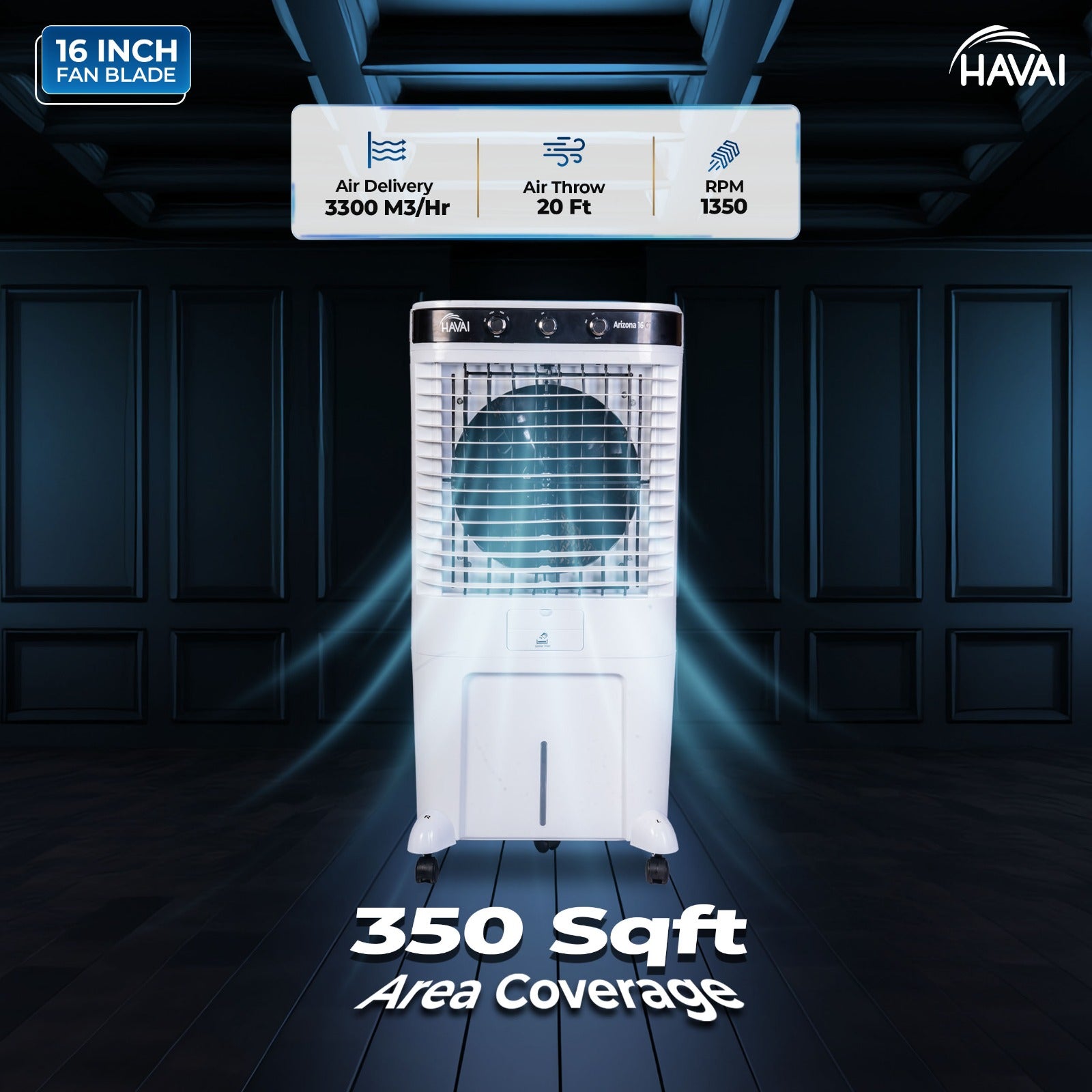 HAVAI Arizona 16 80L Desert Air Cooler with Ice Chamber | 16-Inch Aerodynamic Blade | 3-Side Thick Honeycomb Pads | 5 Castors for Extra Stability | 3300 m³/hr Air Delivery | 20 Ft Air Throw | 1 Year On-Site Warranty