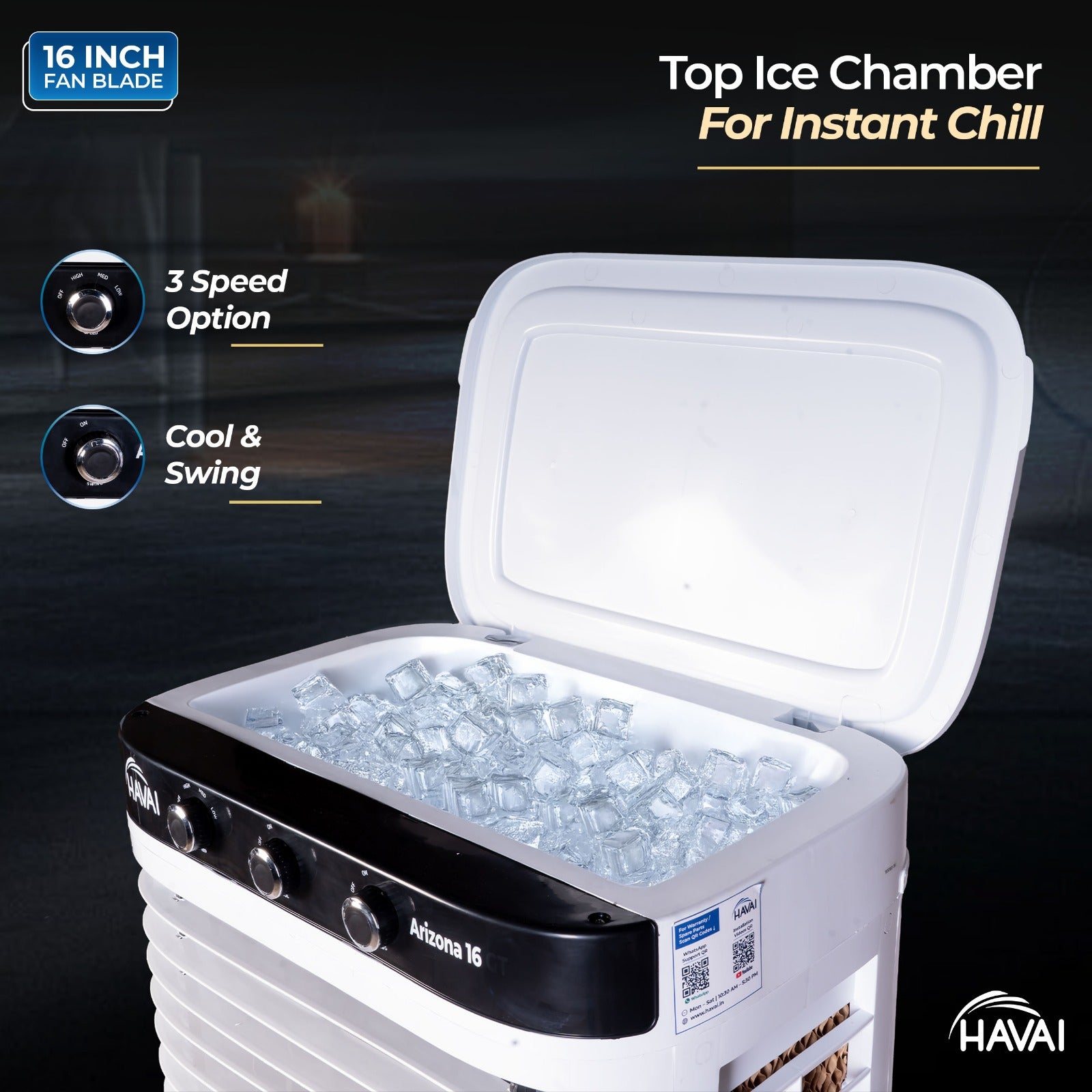 HAVAI Arizona 16 80L Desert Air Cooler with Ice Chamber | 16-Inch Aerodynamic Blade | 3-Side Thick Honeycomb Pads | 5 Castors for Extra Stability | 3300 m³/hr Air Delivery | 20 Ft Air Throw | 1 Year On-Site Warranty