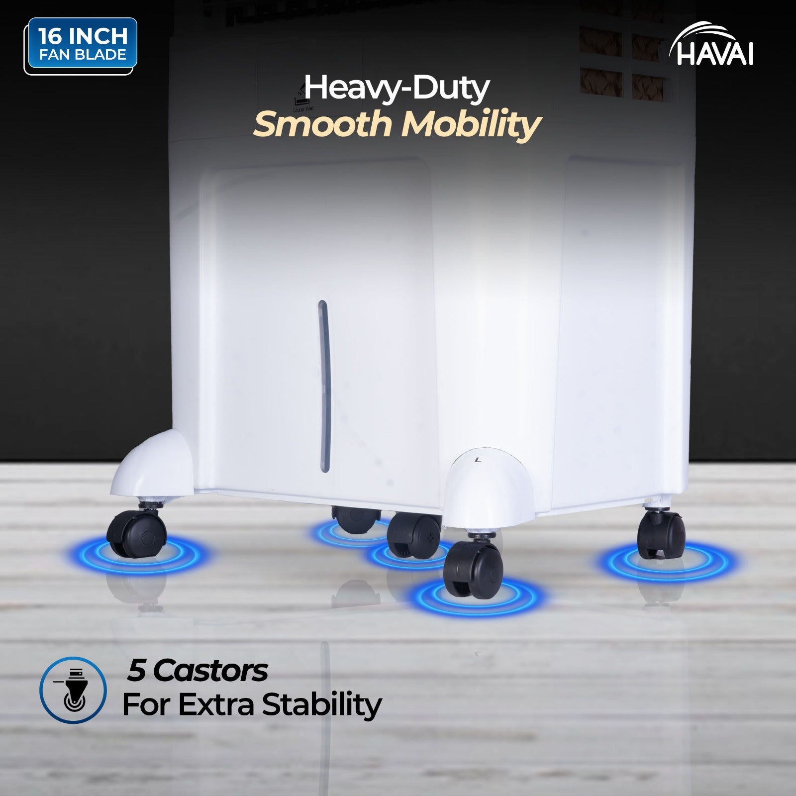 HAVAI Arizona 16 80L Desert Air Cooler with Ice Chamber | 16-Inch Aerodynamic Blade | 3-Side Thick Honeycomb Pads | 5 Castors for Extra Stability | 3300 m³/hr Air Delivery | 20 Ft Air Throw | 1 Year On-Site Warranty