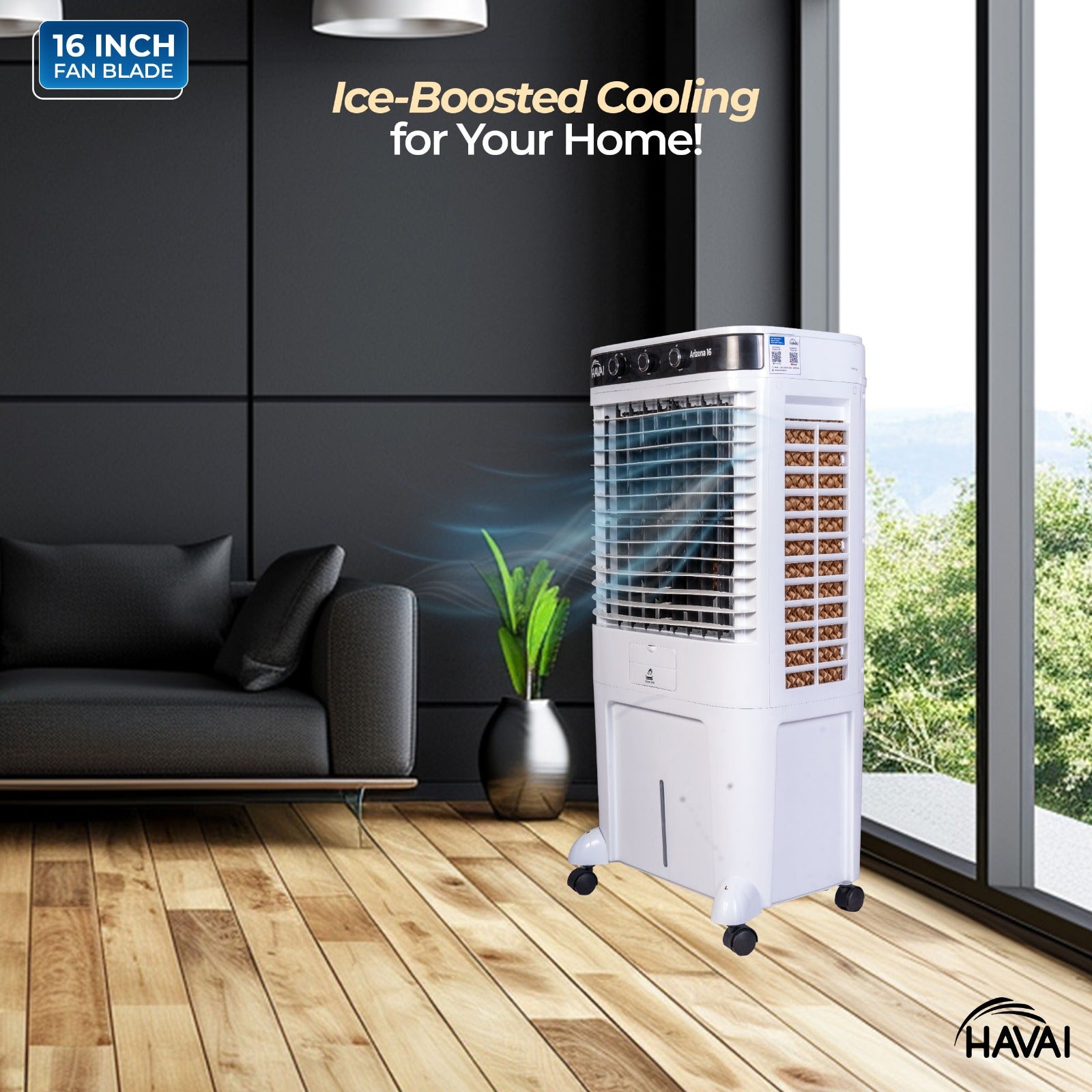 HAVAI Arizona 16 80L Desert Air Cooler with Ice Chamber | 16-Inch Aerodynamic Blade | 3-Side Thick Honeycomb Pads | 5 Castors for Extra Stability | 3300 m³/hr Air Delivery | 20 Ft Air Throw | 1 Year On-Site Warranty