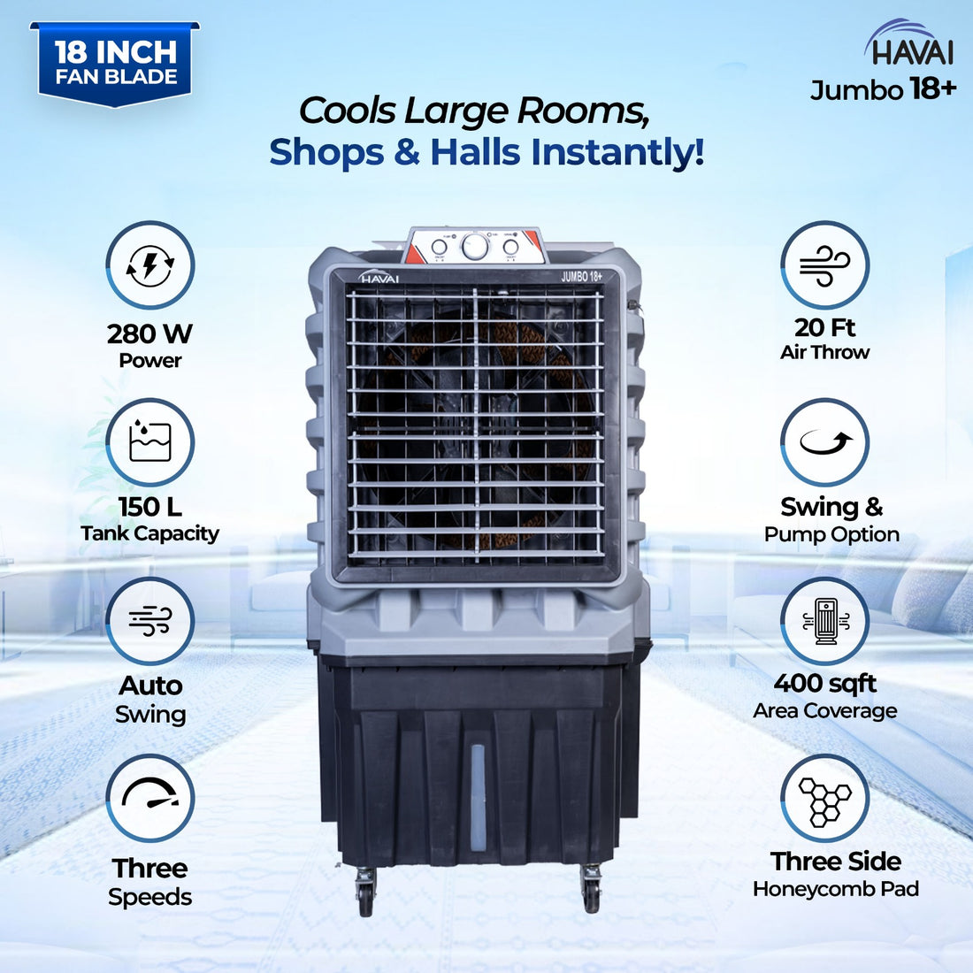 HAVAI Jumbo 18+ Massey Desert Cooler | 150L | 18-Inch Fan | Heavy-Duty 41mm Motor | 3-Side Honeycomb Pads | Auto Swing | Castor Wheels | 230V, 280W | White & Grey