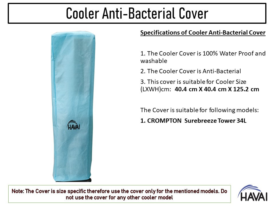 HAVAI Anti Bacterial Cover for Crompton Surebreeze Tower 34 Litre Tower Cooler Water Resistant. Cover Size(LXBXH) cm: 40.4 x 40.4 x 125.2