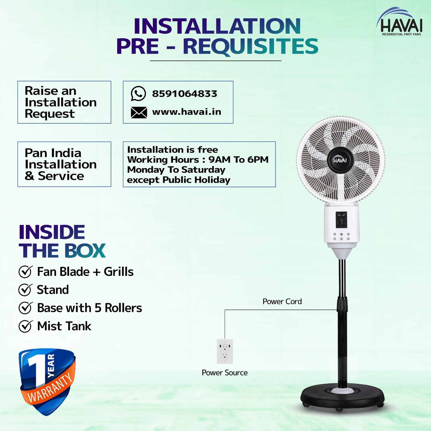 HAVAI BLU X BLDC Mist Pedestal Fan – 16” Residential BLDC Mist Fan|Low Noise|Remote and Touch Enabled|2.2 Litre Detachable Tank | Installation Included (White, Pack of 1)