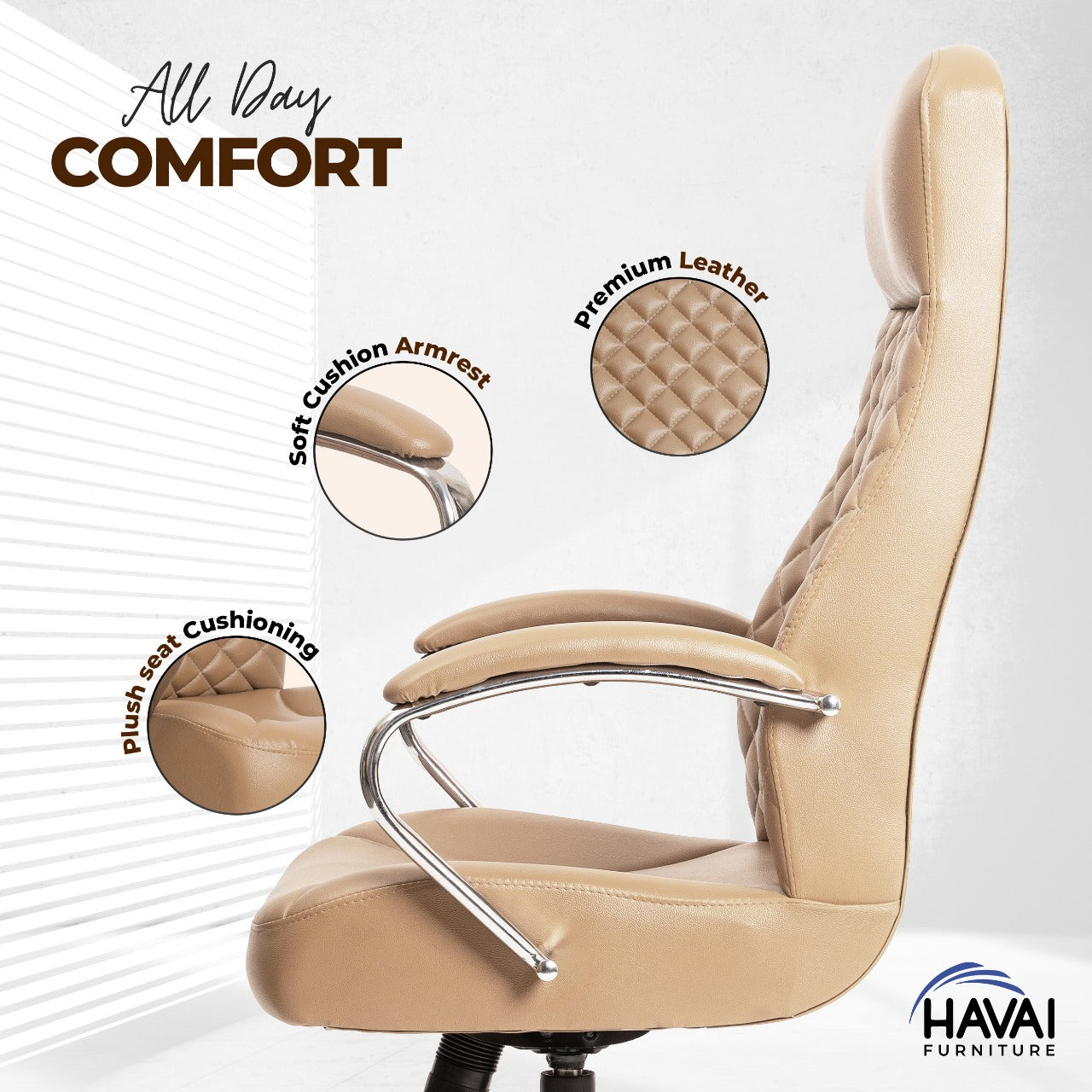 HAVAI Prime High Back Office Chair | Ergonomic Executive Chair | Premium Leather | Single Lock Tilt Mechanism | Mild Steel Chrome Base & Arms | Class 4 Gaslift | 50mm Casters | High-Density Back & Seat Cushion (Camel)