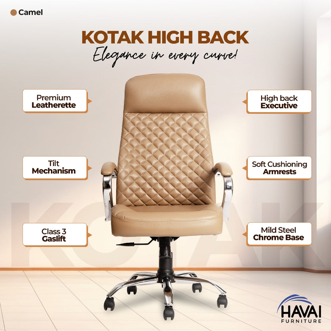 HAVAI Prime High Back Office Chair | Ergonomic Executive Chair | Premium Leather | Single Lock Tilt Mechanism | Mild Steel Chrome Base & Arms | Class 4 Gaslift | 50mm Casters | High-Density Back & Seat Cushion (Camel)
