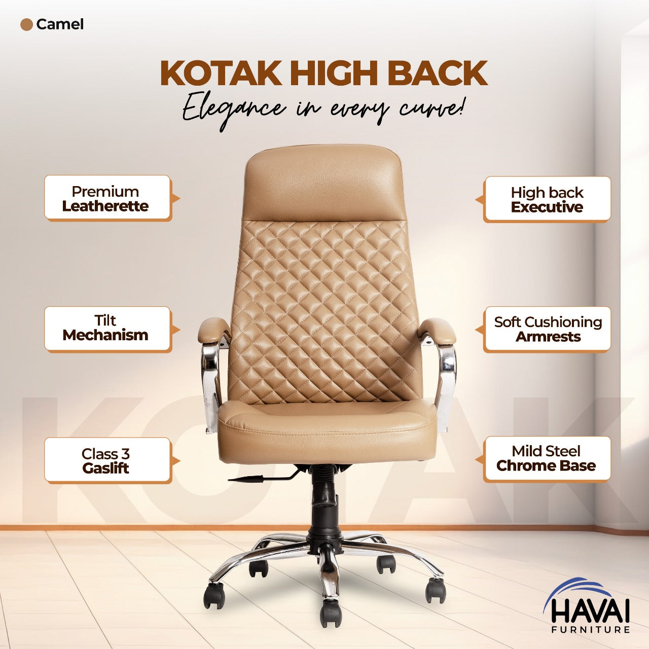 HAVAI Prime High Back Office Chair | Ergonomic Executive Chair | Premium Leather | Single Lock Tilt Mechanism | Mild Steel Chrome Base & Arms | Class 4 Gaslift | 50mm Casters | High-Density Back & Seat Cushion (Camel)
