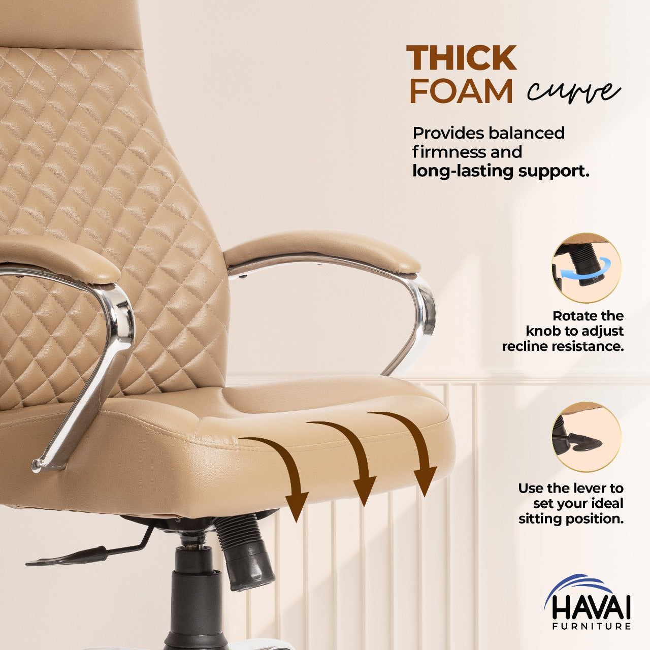 HAVAI Prime High Back Office Chair | Ergonomic Executive Chair | Premium Leather | Single Lock Tilt Mechanism | Mild Steel Chrome Base & Arms | Class 4 Gaslift | 50mm Casters | High-Density Back & Seat Cushion (Camel)