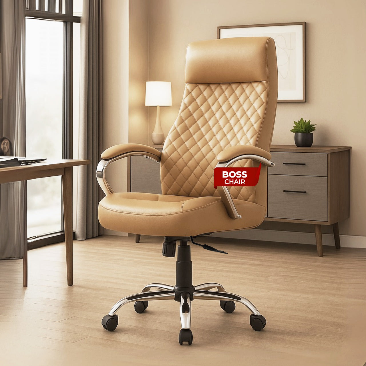 HAVAI Prime High Back Office Chair | Ergonomic Executive Chair | Premium Leather | Single Lock Tilt Mechanism | Mild Steel Chrome Base & Arms | Class 4 Gaslift | 50mm Casters | High-Density Back & Seat Cushion (Camel)