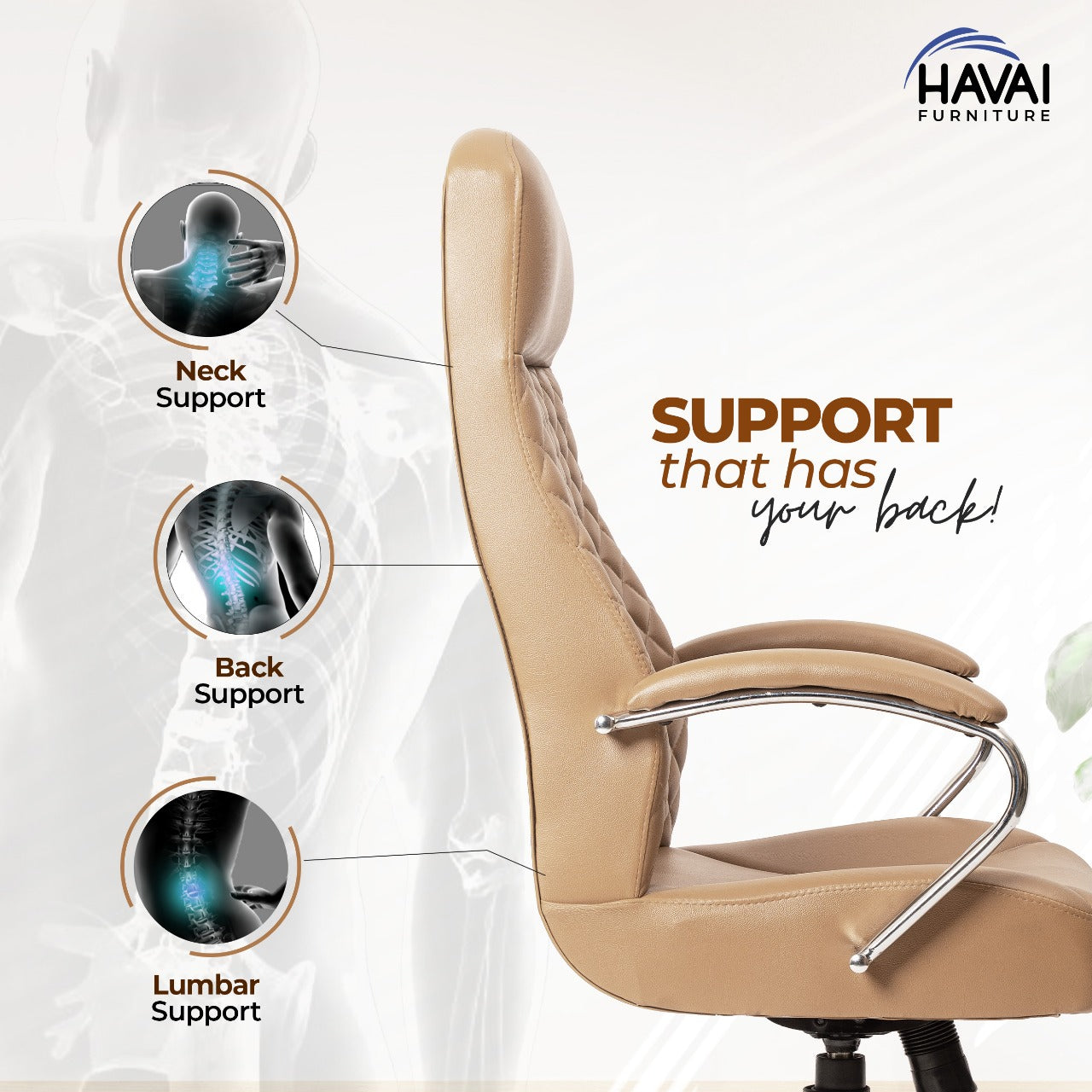 HAVAI Prime High Back Office Chair | Ergonomic Executive Chair | Premium Leather | Single Lock Tilt Mechanism | Mild Steel Chrome Base & Arms | Class 4 Gaslift | 50mm Casters | High-Density Back & Seat Cushion (Camel)