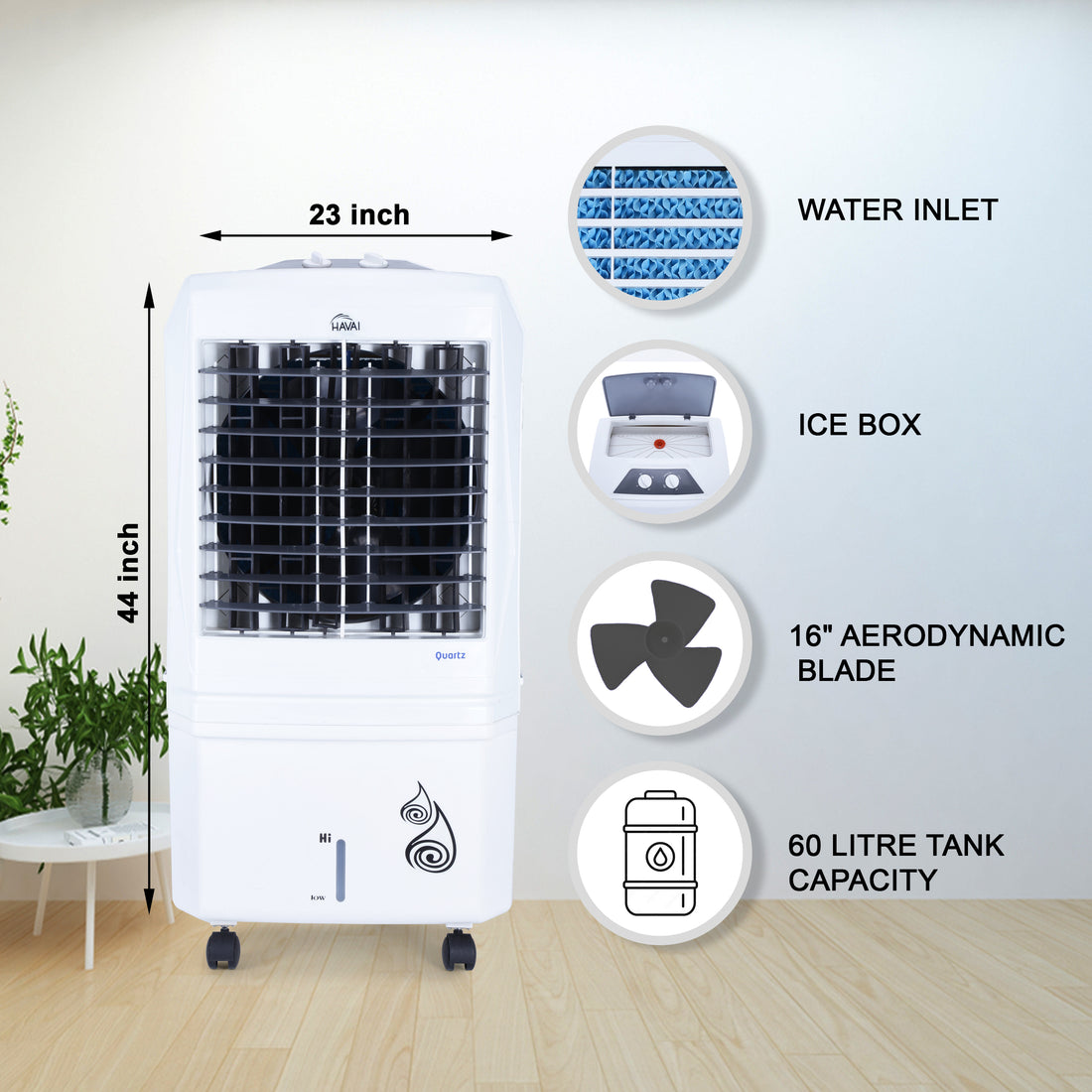 HAVAI Quartz Desert Cooler with Three Side Dense Honeycomb - 60 L, 16 Inch Blade,White