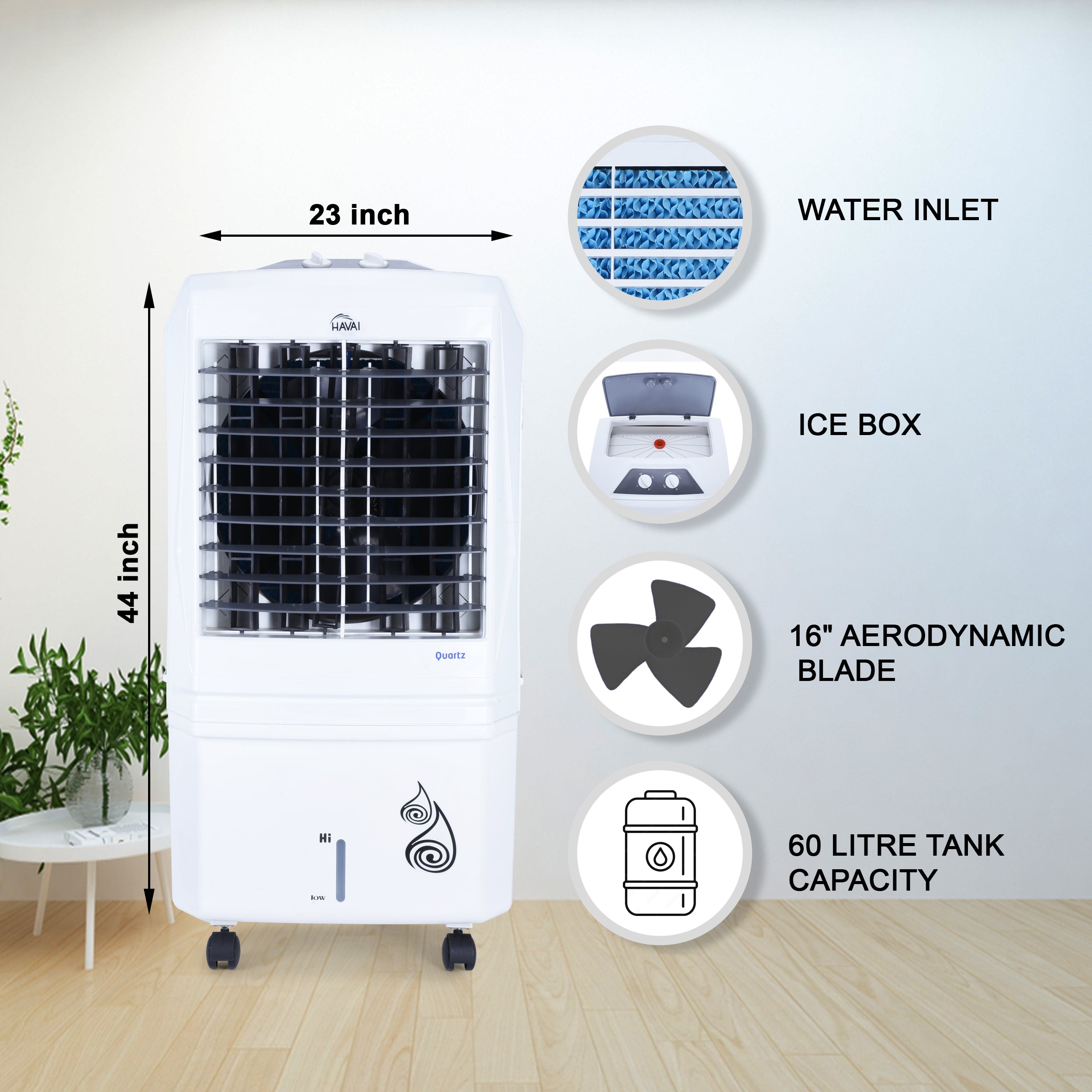 HAVAI Quartz Desert Cooler with Three Side Dense Honeycomb - 60 L, 16 Inch Blade,White