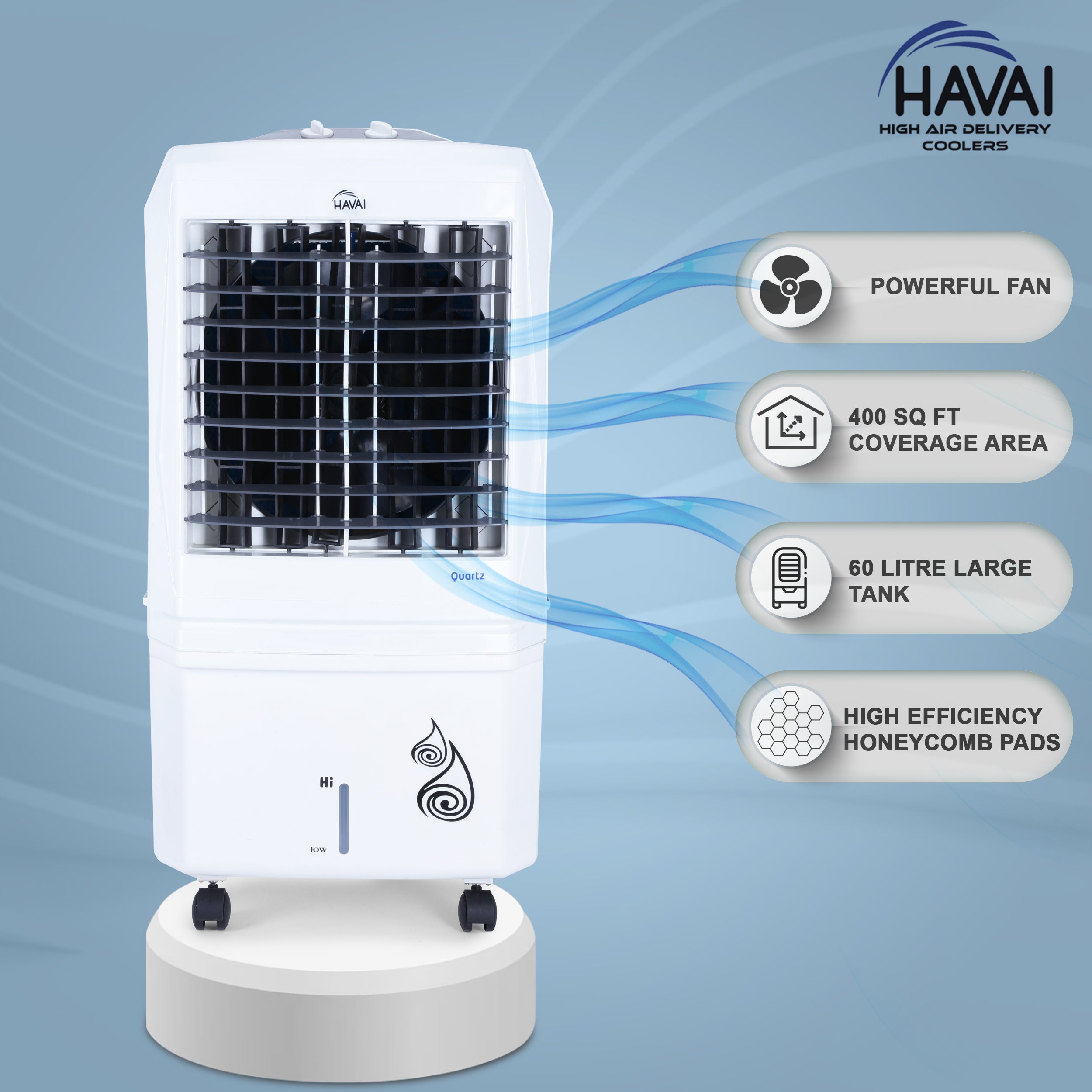 HAVAI Quartz Desert Cooler with Three Side Dense Honeycomb - 60 L, 16 Inch Blade,White