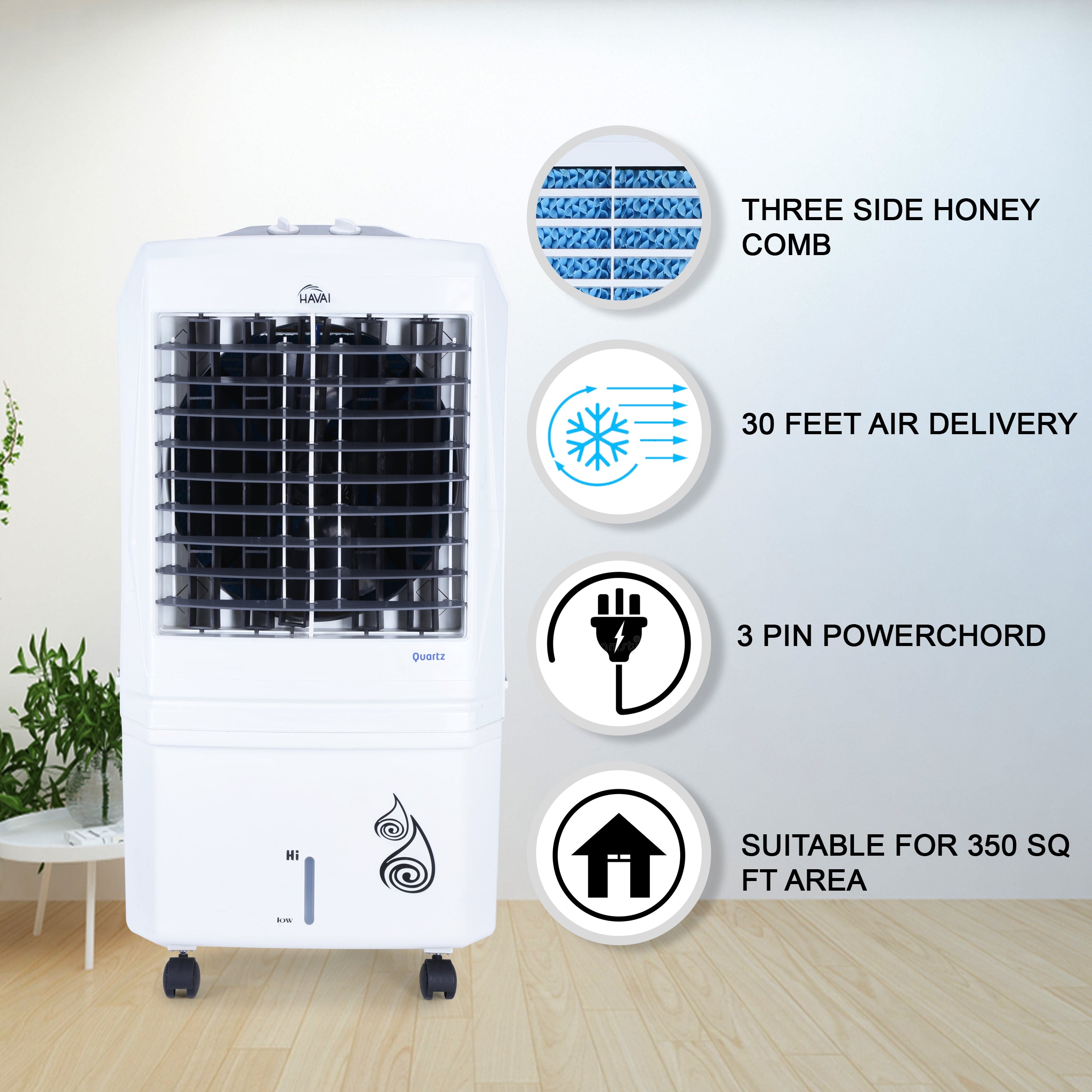 HAVAI Quartz Desert Cooler with Three Side Dense Honeycomb - 60 L, 16 Inch Blade,White