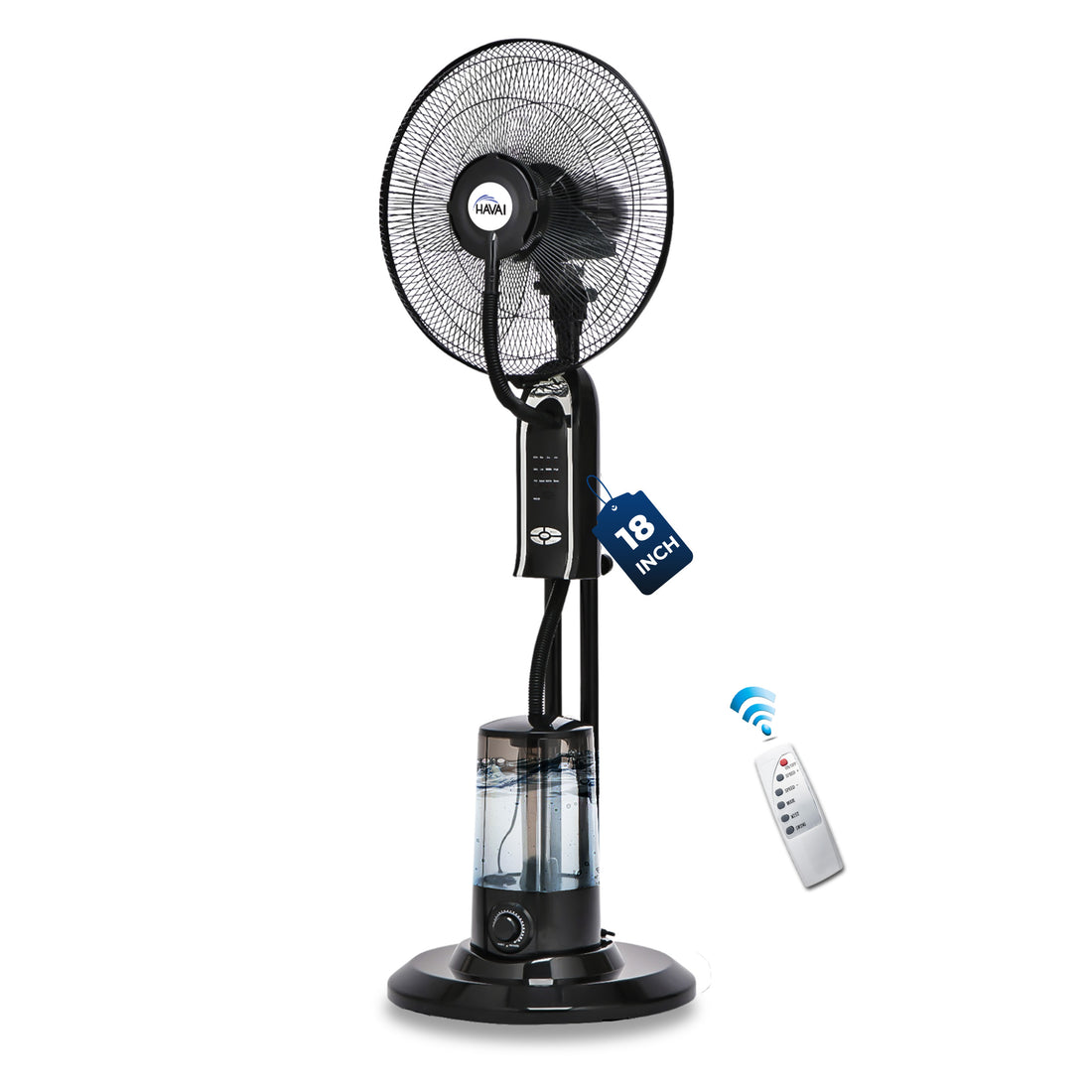 HAVAI RED 18&quot; BLDC Mist Pedestal Fan – High-Speed, Remote &amp; Touch Control, 3.2L Tank, 80W Power, 350 Sq Ft Coverage, Easy Install, Black (Copy)
