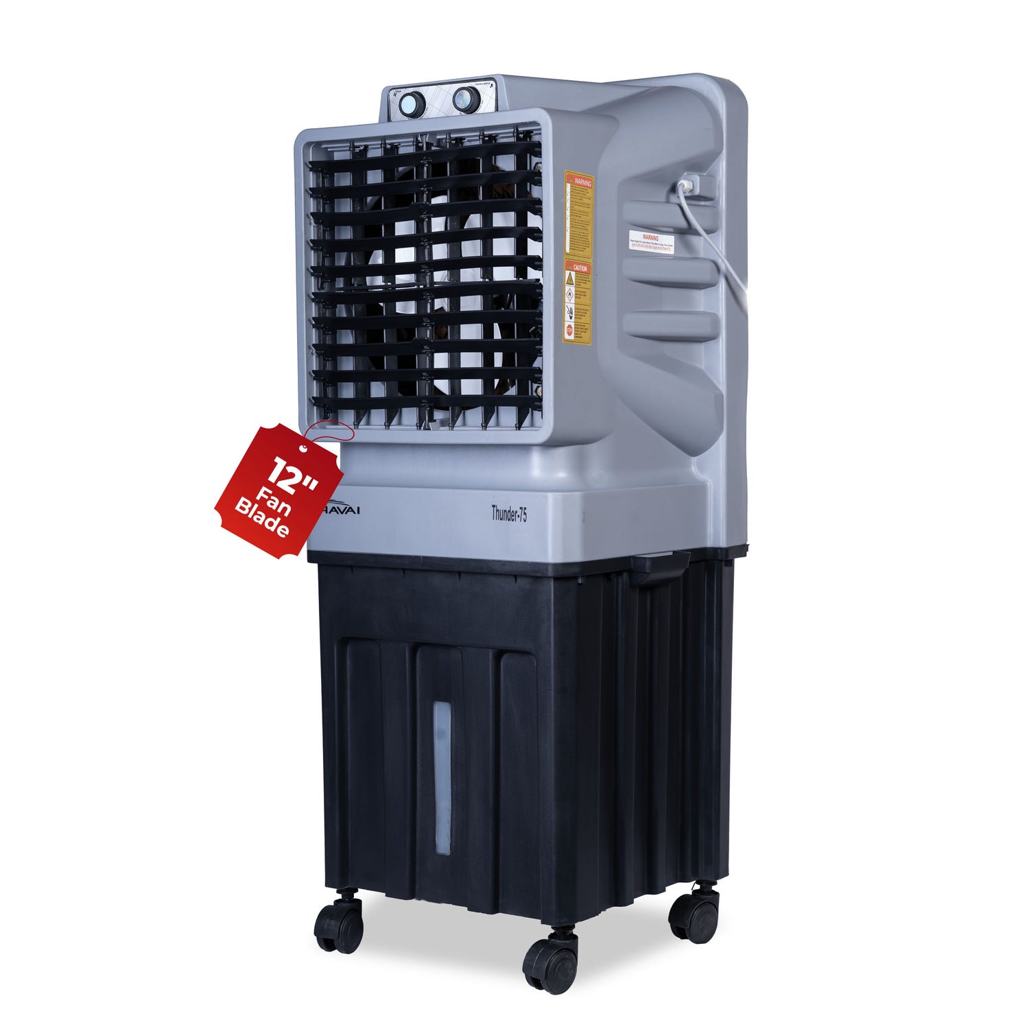 HAVAI Thunder-75 Tower Air Cooler | 70L Tank | 12″ Blade | Ideal for 150 sq ft Rooms | 130W Power | 10 ft Air Throw | 1350 RPM | Auto-Louver | 3-Speed | 1-Year On-Site Motor Warranty (Black &amp; Grey)