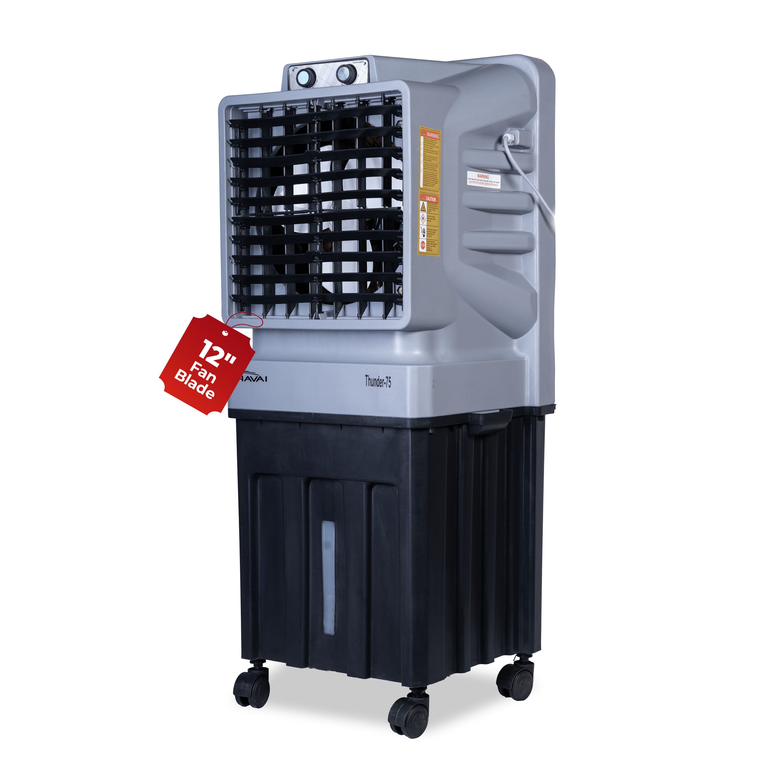 HAVAI Thunder-75 Tower Air Cooler | 70L Tank | 12″ Blade | Ideal for 150 sq ft Rooms | 130W Power | 10 ft Air Throw | 1350 RPM | Auto-Louver | 3-Speed | 1-Year On-Site Motor Warranty (Black &amp; Grey)