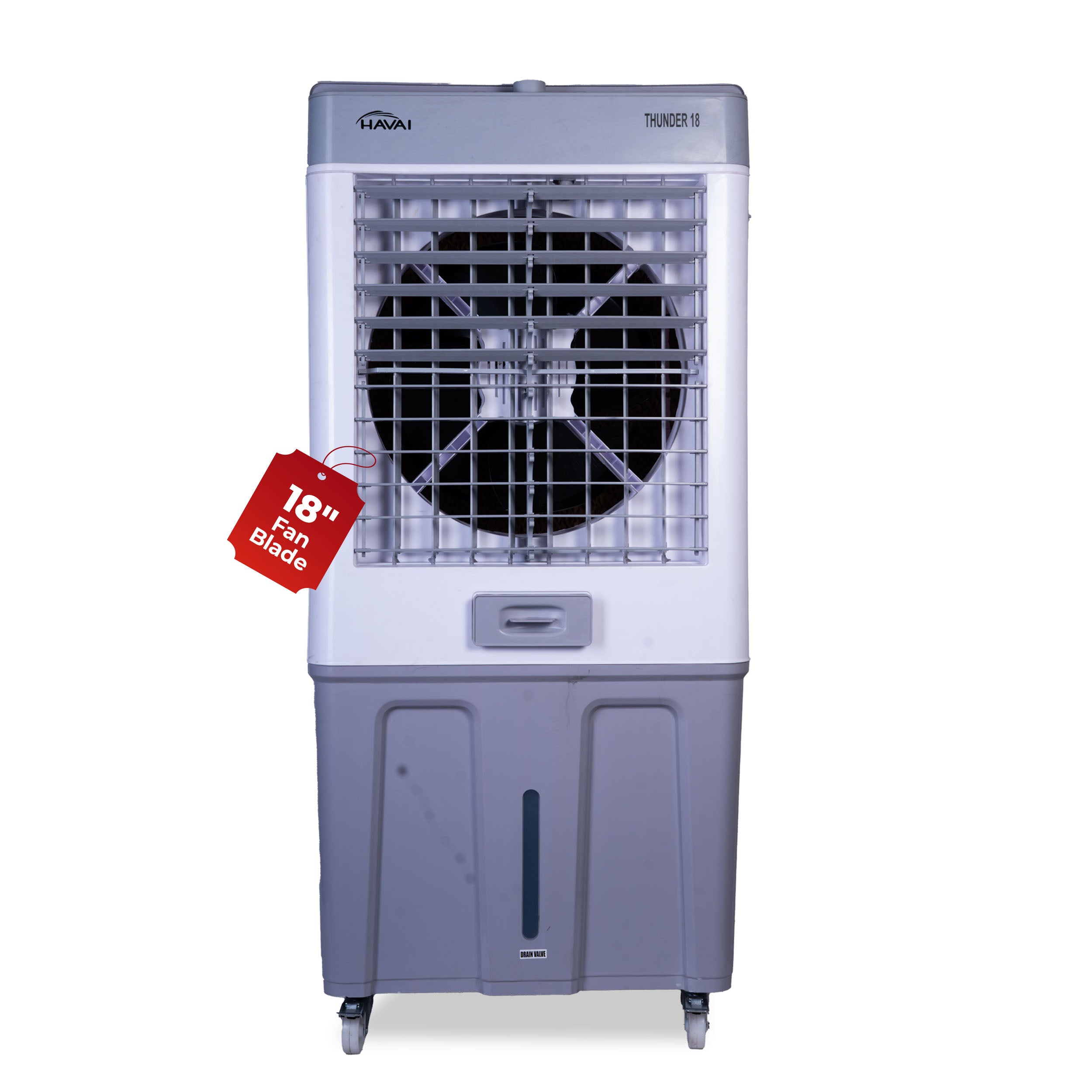 HAVAI Thunder 18 Desert Cooler | 18” Heavy-Duty Aluminium Fan Blade | 110 Dia 35mm Powerful Motor | Auto Swing | 3-Side Honeycomb Pads | 20 Ft Air Throw | 100L Tank | 1-Year Motor Warranty + Post-Warranty Support | White &amp; Grey