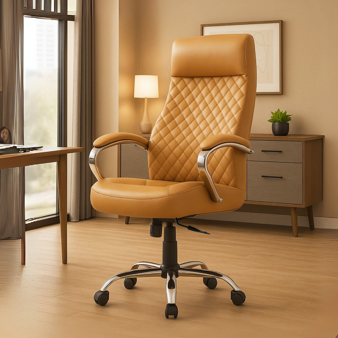 HAVAI Prime High Back Office Chair | Ergonomic Executive Chair |  Premium Leather | Single Lock Tilt Mechanism |  Mild Steel Chrome Base &amp; Arms | Class 4 Gaslift |  50mm Casters | High-Density Back &amp; Seat Cushion (Camel)