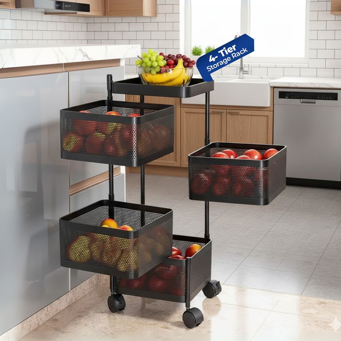 HAVAI 4 Tier Square Rolling Kitchen Storage Rack | Sturdy Metal Frame | Space-Saving Utility Shelf – Black