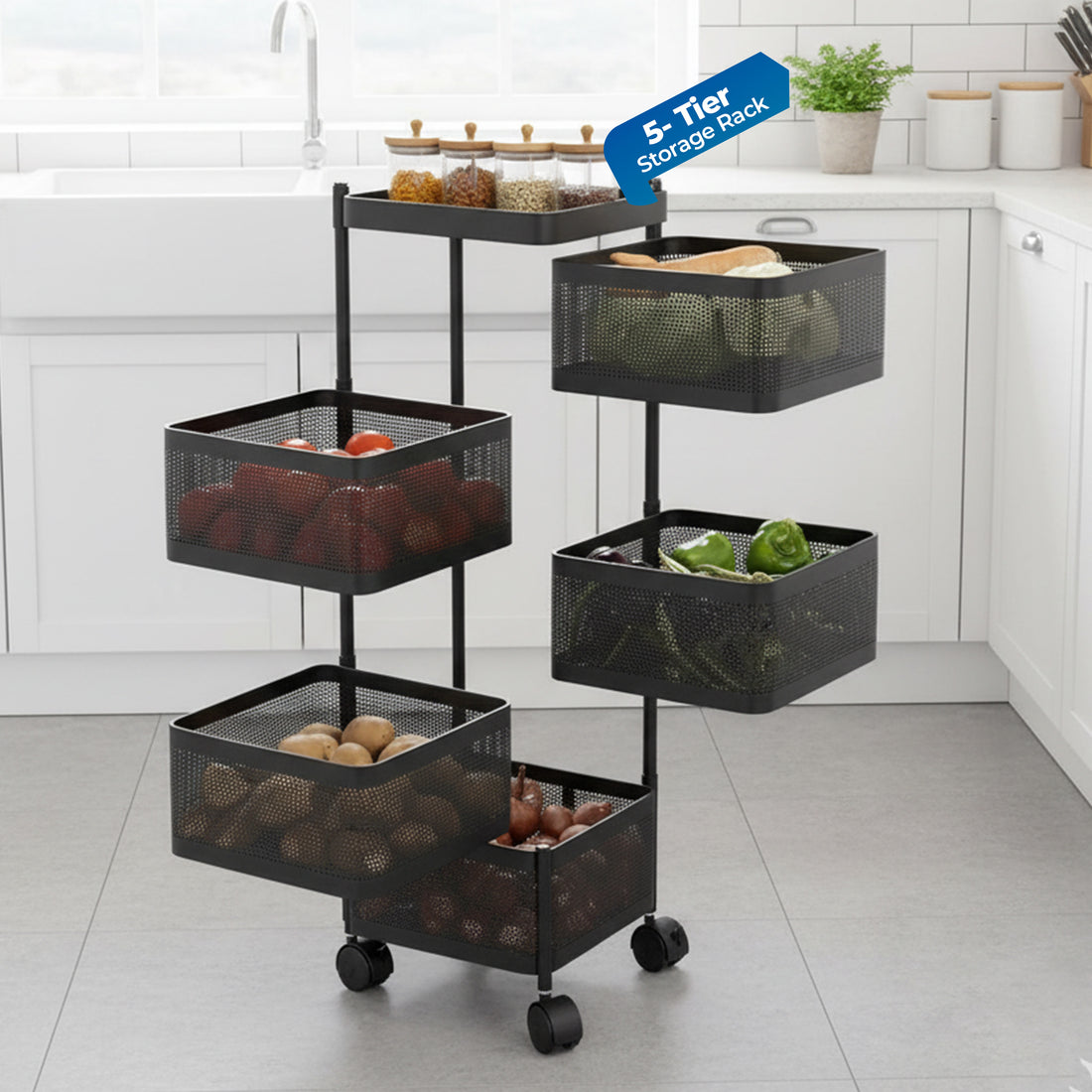 HAVAI 5 Tier Square Rolling Kitchen Storage Rack | Sturdy Metal Frame | Space-Saving Utility Shelf – Black