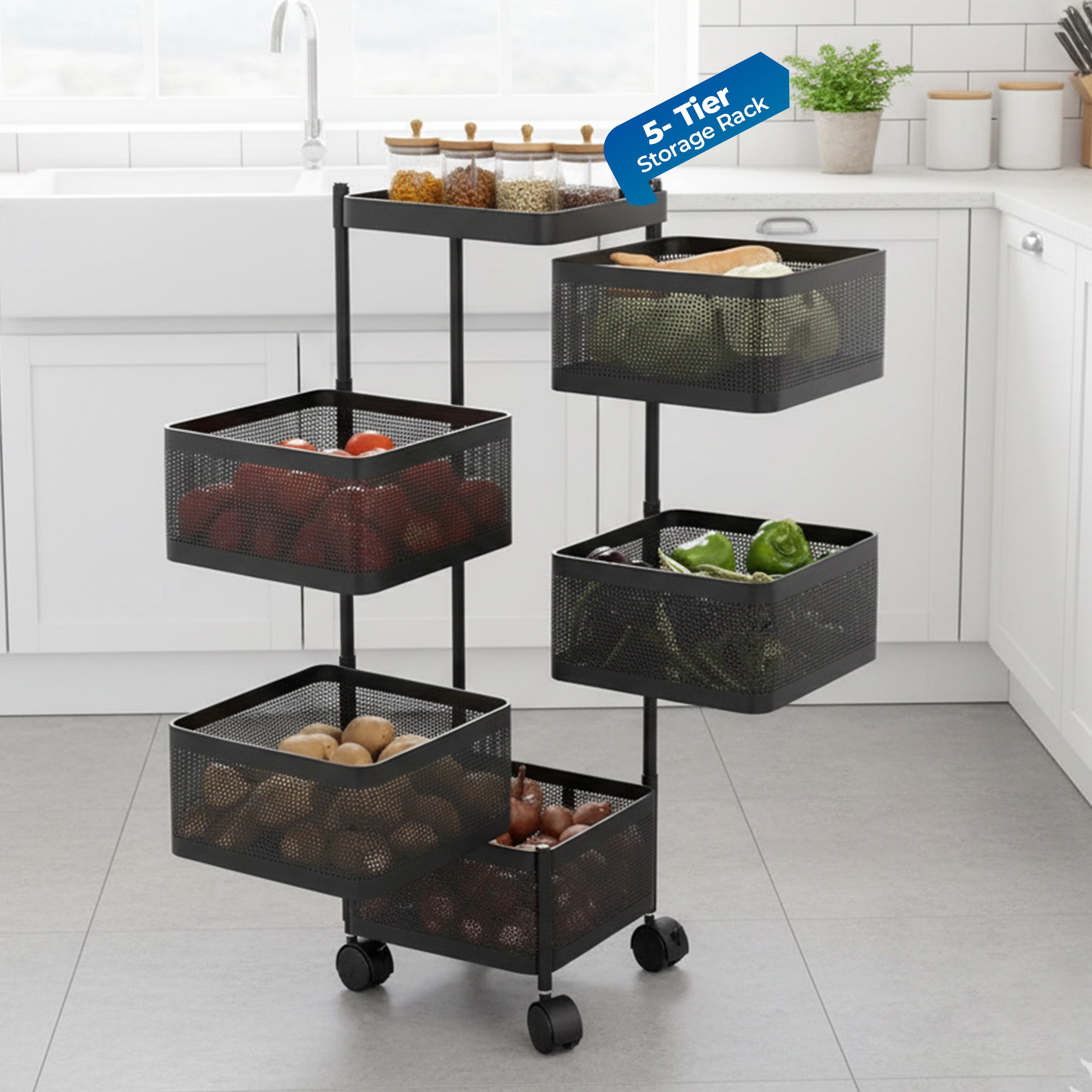 HAVAI 5 Tier Square Rolling Kitchen Storage Rack | Sturdy Metal Frame | Space-Saving Utility Shelf – Black
