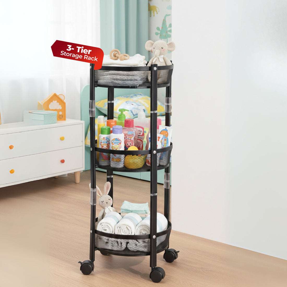 HAVAI 3 Tier Collapsible Storage Rack Trolley | Portable Mesh Basket Organizer with Wheels | Foldable Kitchen, Bathroom &amp; Bedroom Utility Cart for Home – Black