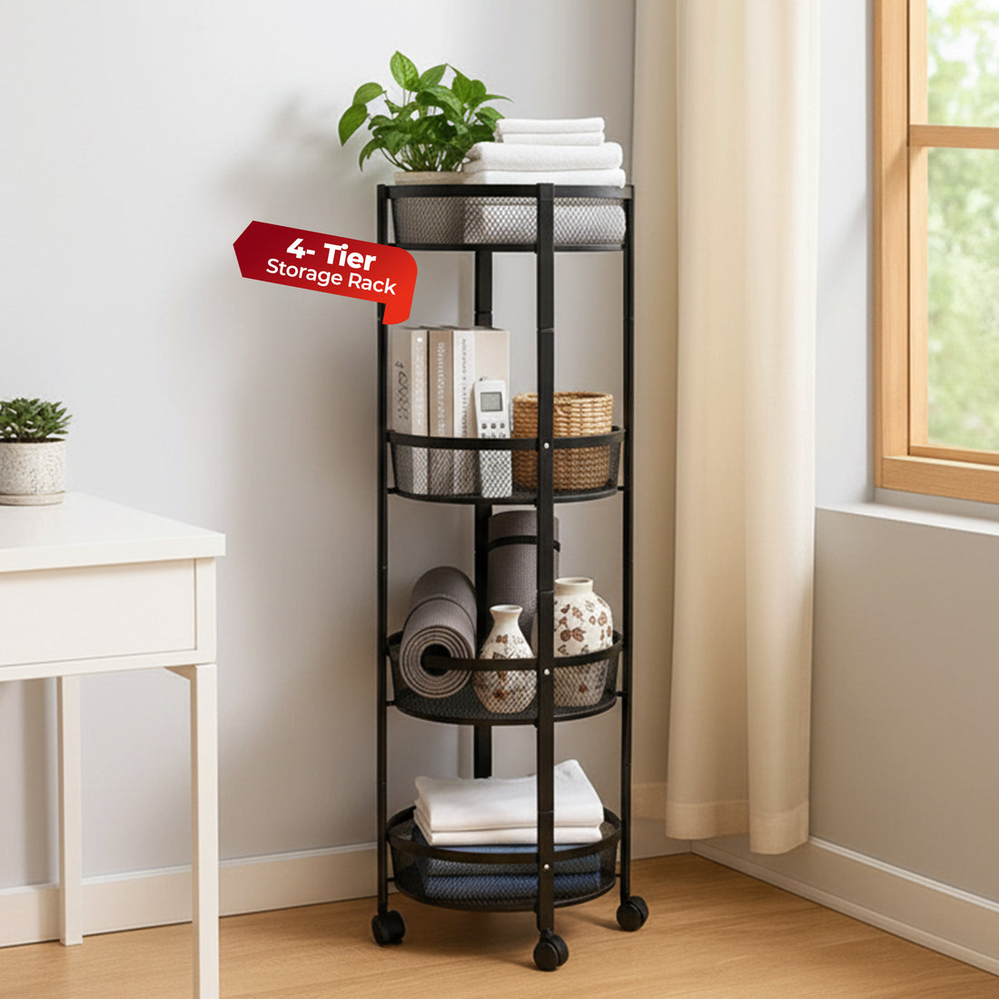HAVAI 4 Tier Collapsible Storage Rack Trolley | Portable Mesh Basket Organizer with Wheels | Foldable Kitchen, Bathroom &amp; Bedroom Utility Cart for Home – Black
