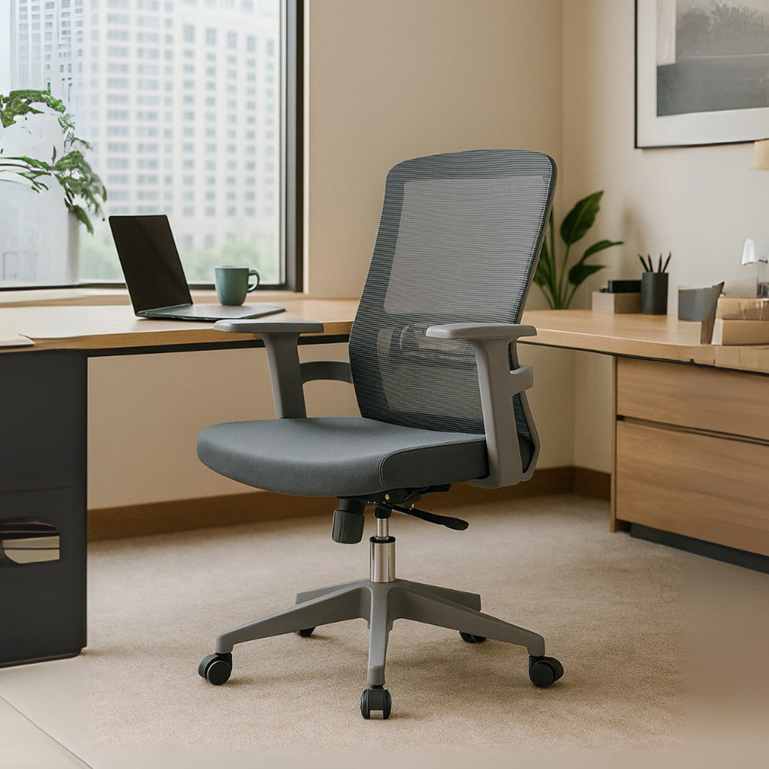HAVAI Ergolite Mid Back Ergonomic Mesh Office Chair |  One Lock Tilt Mechanism | Fixed Armrests | Nylon Base |  Breathable Mesh Back (Grey)