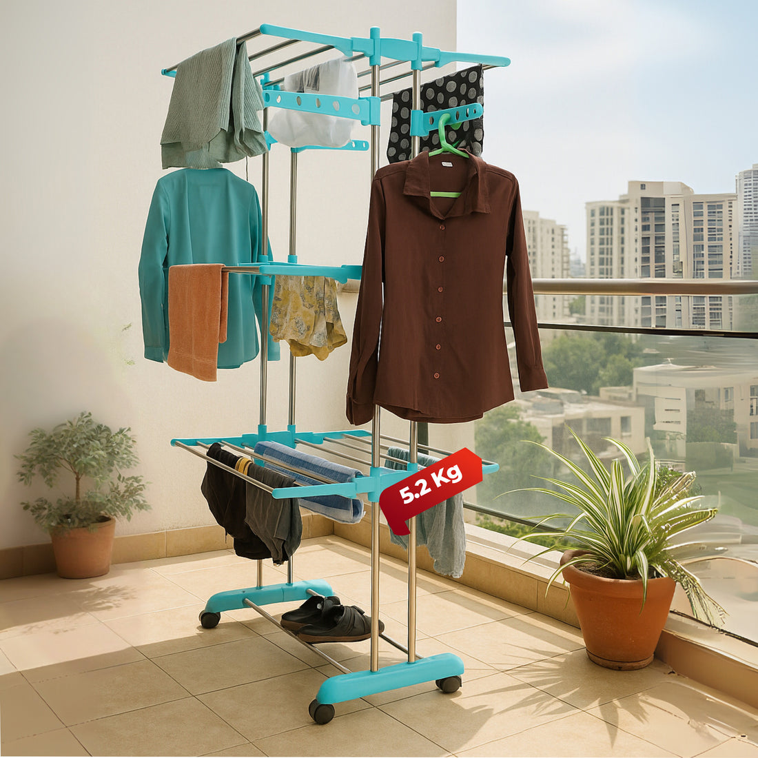 HAVAI DryNest 5.2 KG Premium Clothes Drying Stand with Wheels | Heavy-Duty Rust-Free Steel &amp; Strong Steel Rods | 3-Layer Foldable Jumbo Rack | Portable &amp; Balcony-Friendly