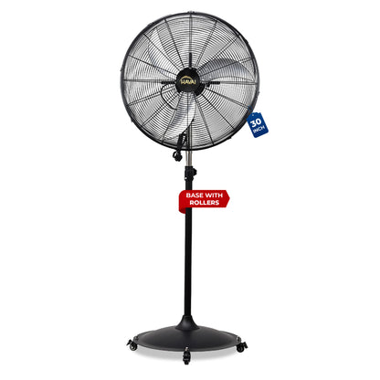 HAVAI 30-Inch Commercial BLDC Pedestal Fan (30–135W) | 2mm Aluminium Blades | Heavy-Duty Metal Base with 4 Lockable Industrial Wheels | High Air Delivery | Fingerproof Safety | 2-Year On-Site Warranty