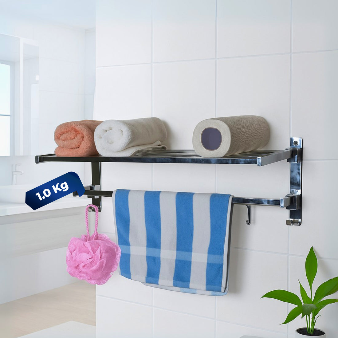 HAVAI Foldable Wall Mounted Bathroom Rack | Heavy Duty Steel Towel Shelf & Storage Organizer | 0.9 KG Strong & Durable