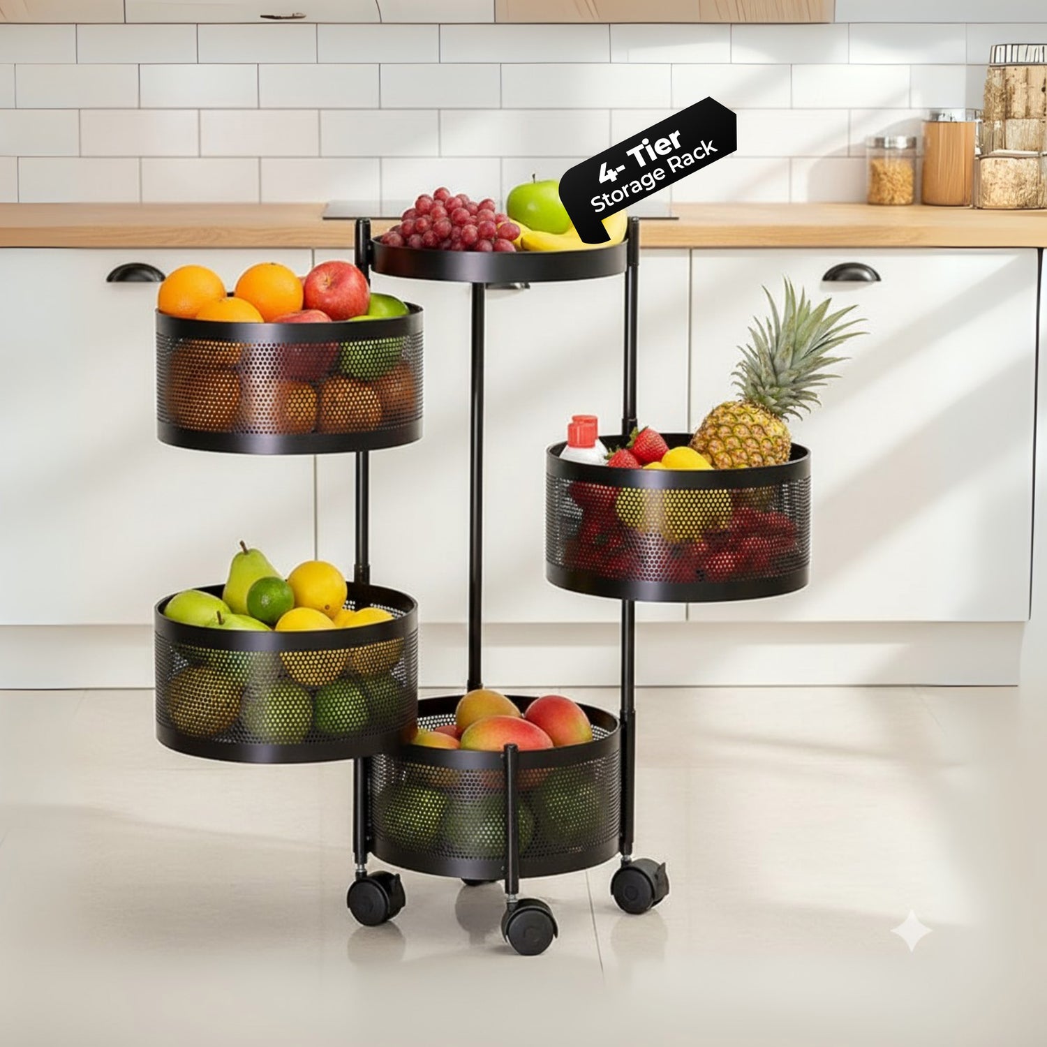 HAVAI 4 Tier Round Rolling Kitchen Storage Rack | Sturdy Metal Frame | Space-Saving Utility Shelf – Black